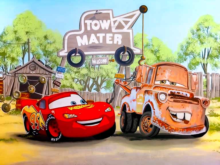 Cars mural featuring Lightning McQueen and Mater