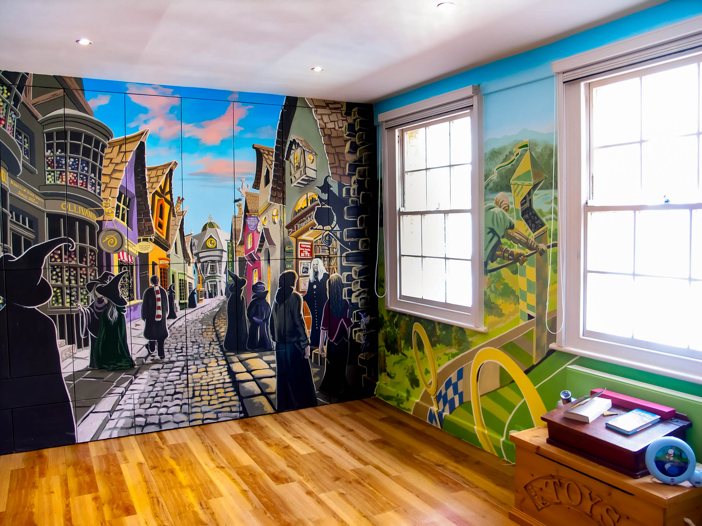 wall mural theme - Diagon Alley meets quidditch in boys' bedroom