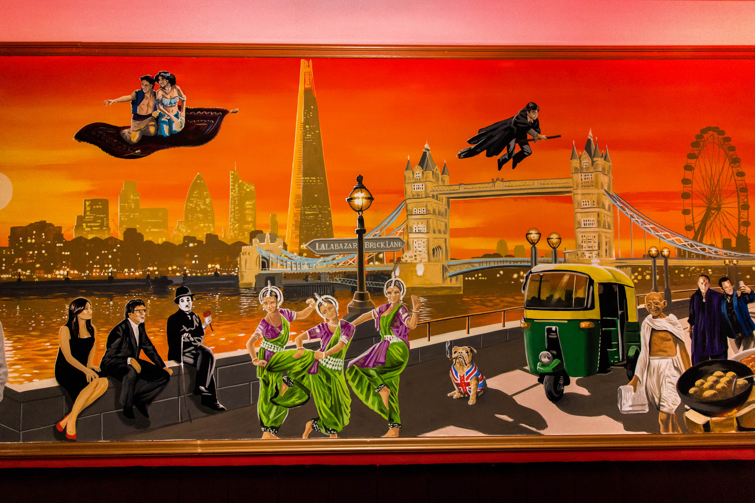 Aladin Mural Restaurant in Brick Lane - The Shard and Tower Bridge, more Characters, dancers, an Auto-Rickshaw, British bulldog, Ghandi and Harry Potter
