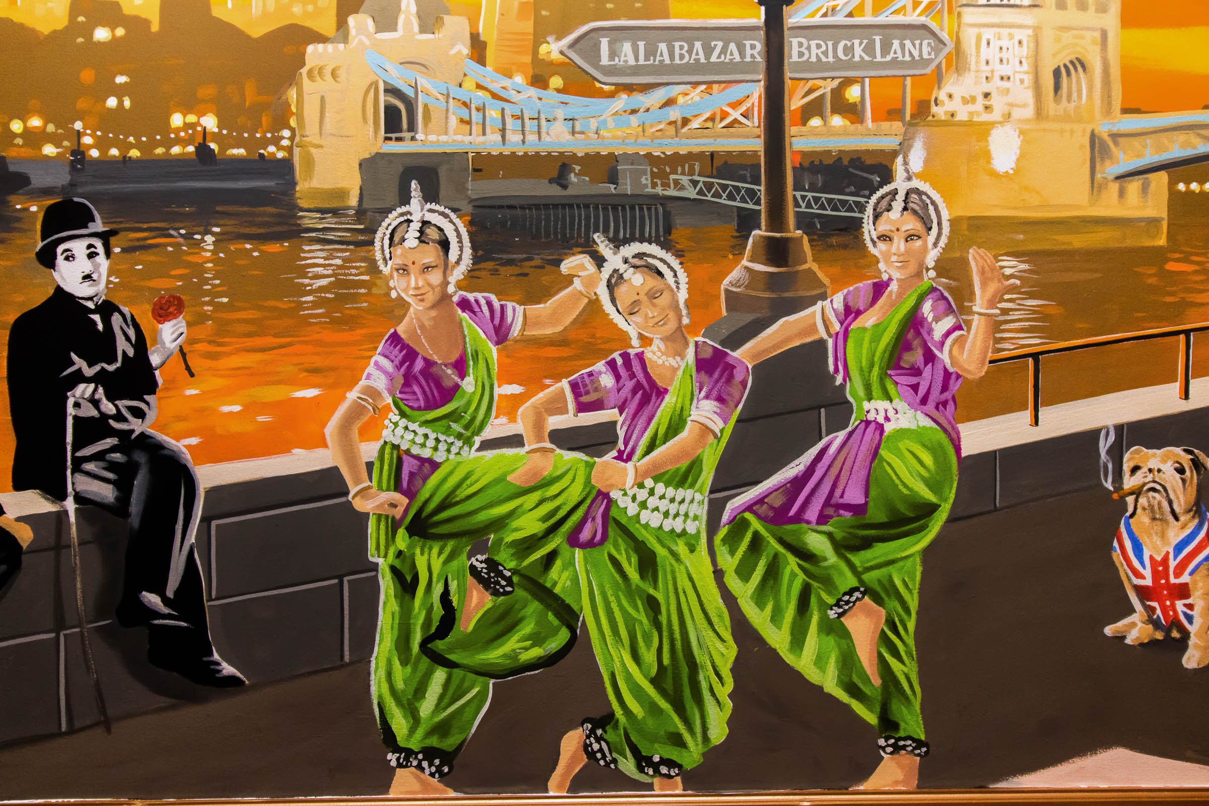 Aladin Mural Restaurant in Brick Lane - Indian Dancers beside the Thames by Charlie Chaplin and Tower Bridge