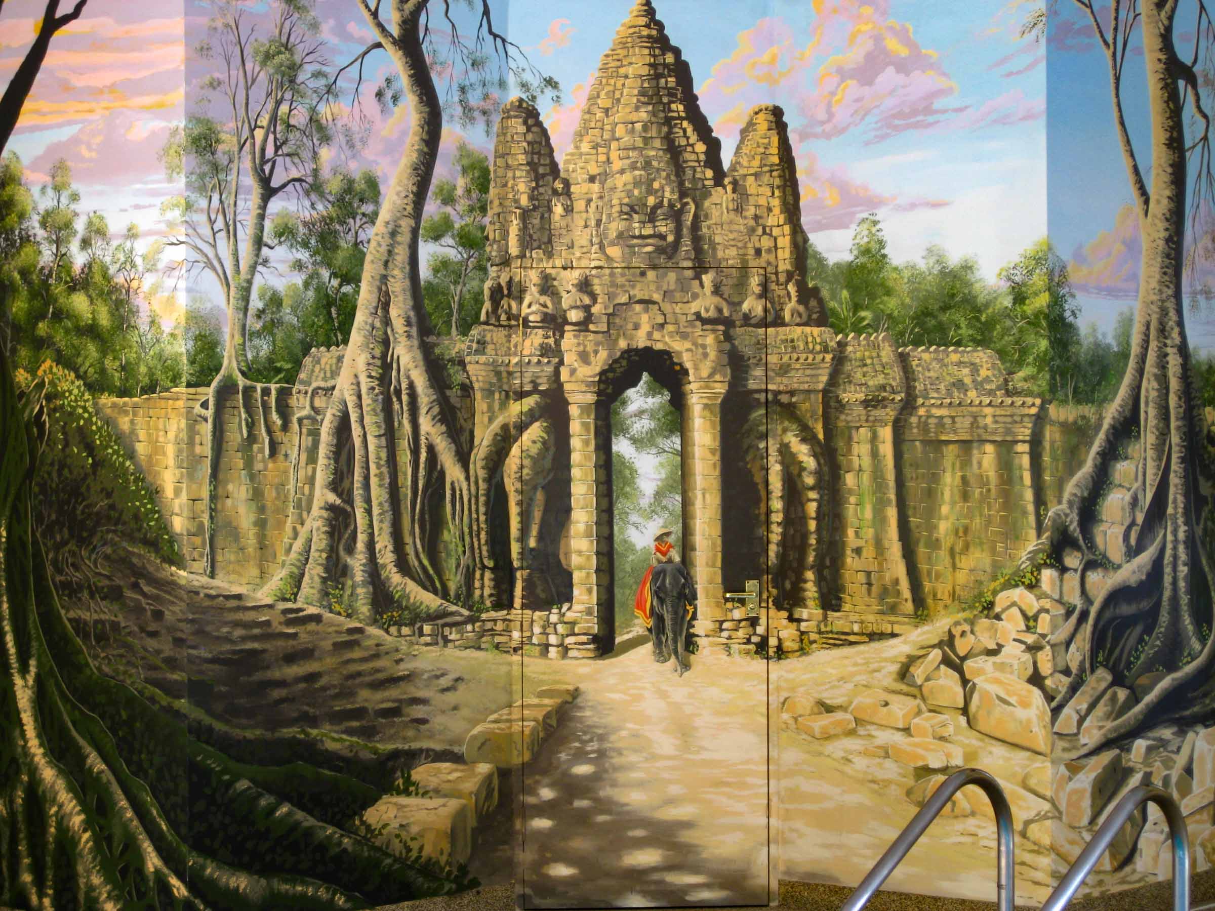 Angkor Wat Ta Prohm mural around swimming pool in Kent