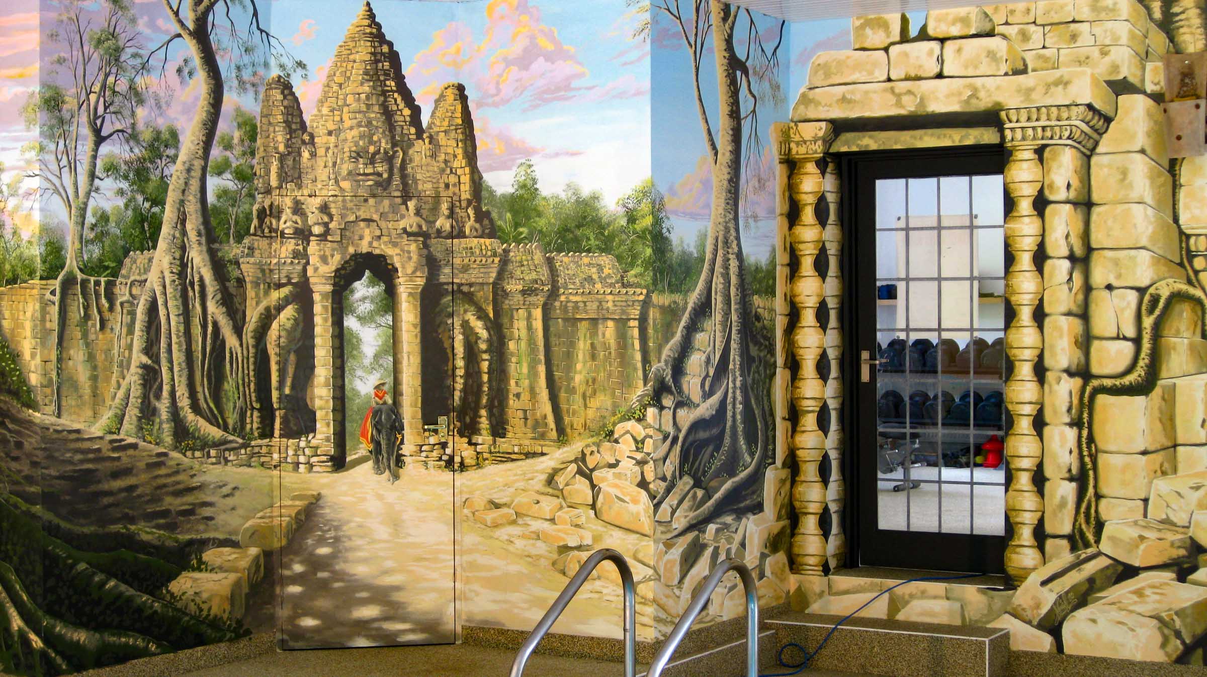 Another Ta Prohm Gate and more giant trees adorn the new changing area of this Angkor Wat Pool Mural