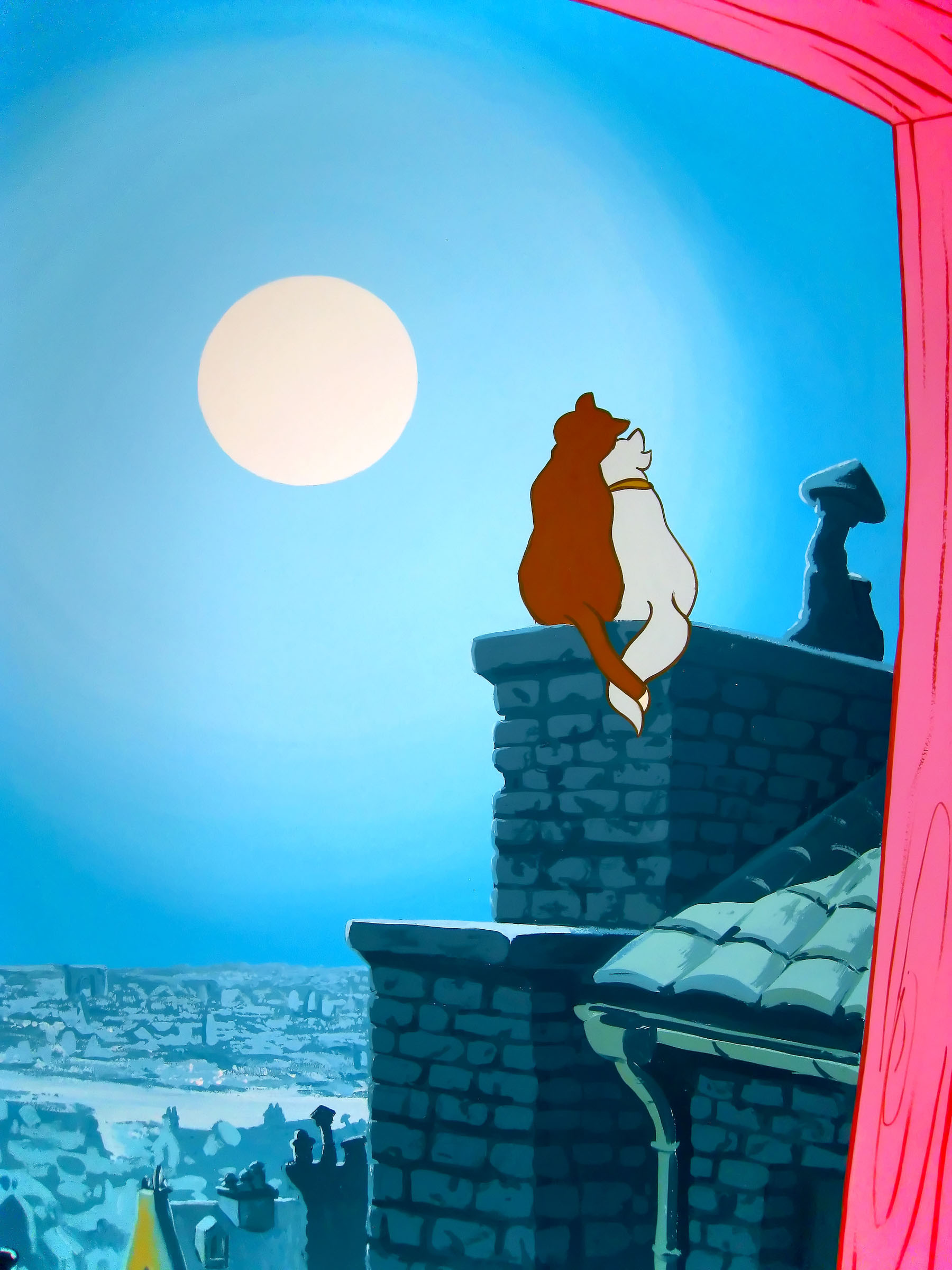 O'Malley and Duchess on a rooftop in moonlit Paris