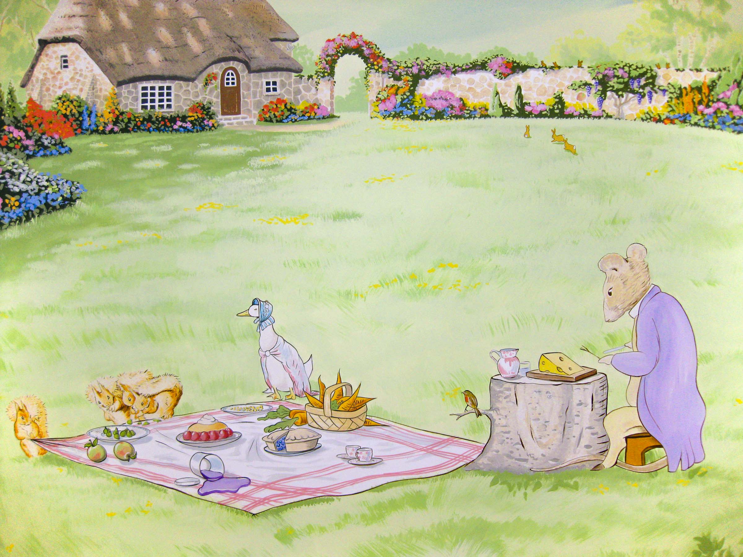 In the style of Beatrix Potter picnic mural