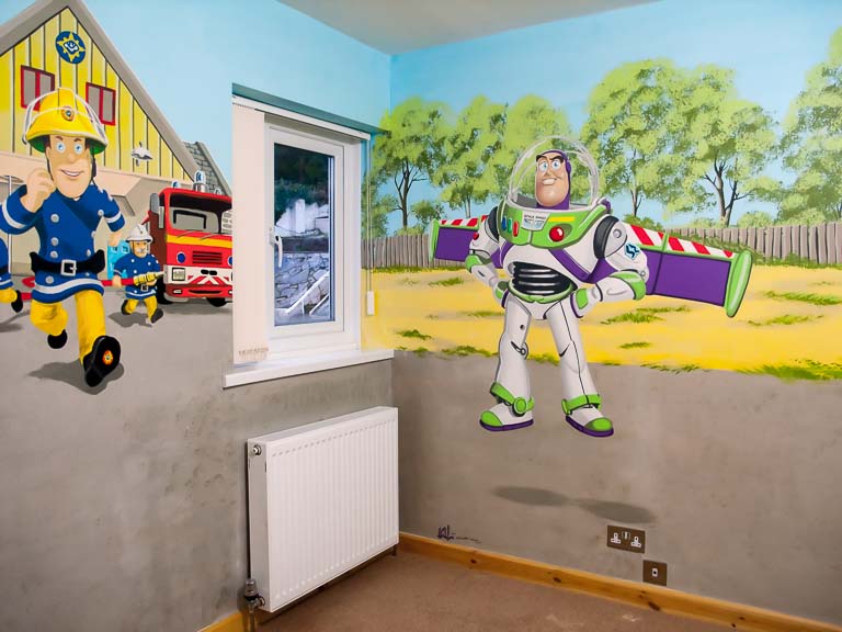 Buzz Lightyear mural with mater and mcqueen from cars, fireman sam and thomas the tank
