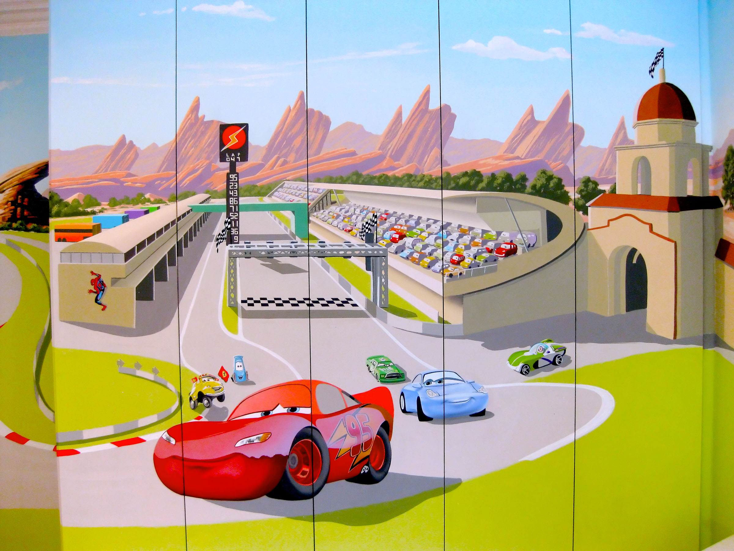Cars Mural on Baby Spice's son's fitted wardrobe