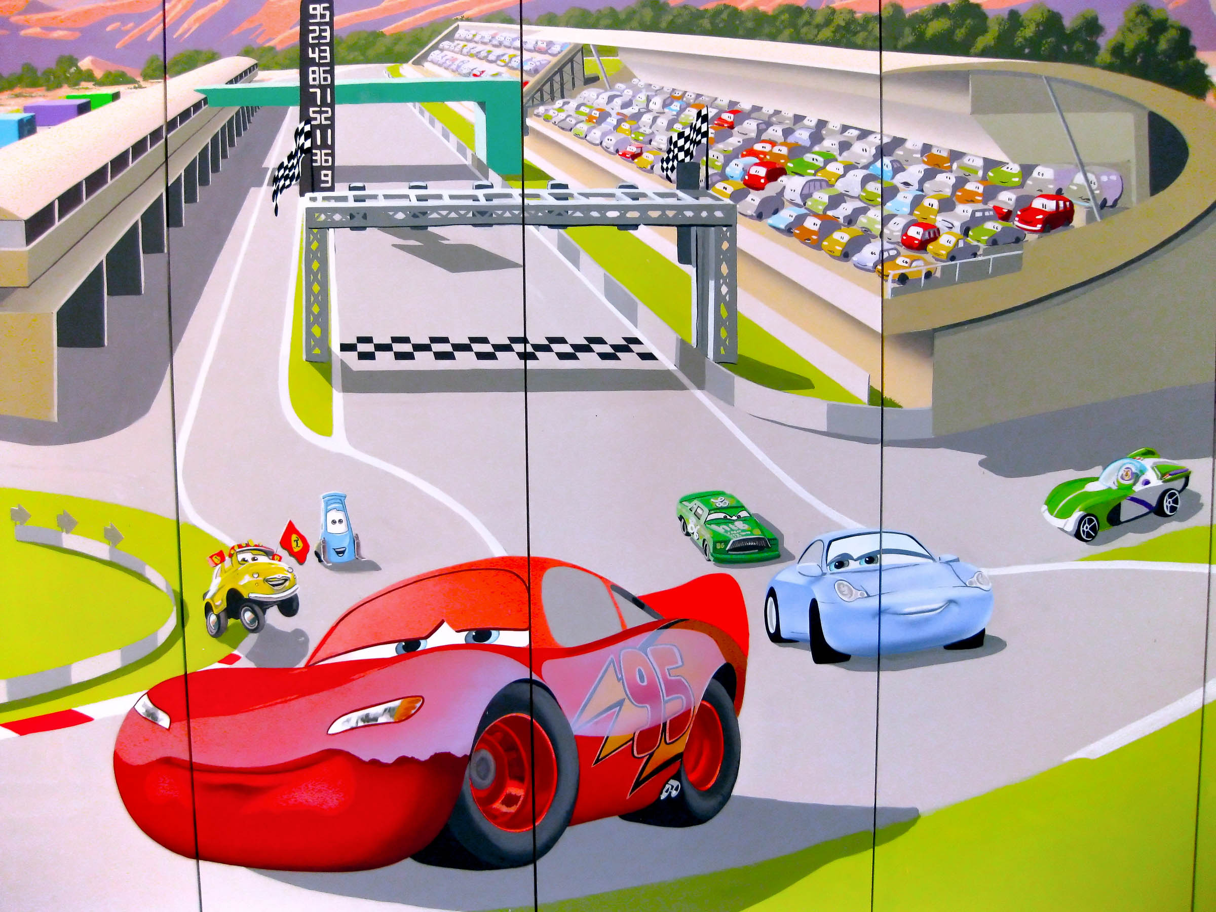 Lightning McQueen wall mural painted on wardrobe