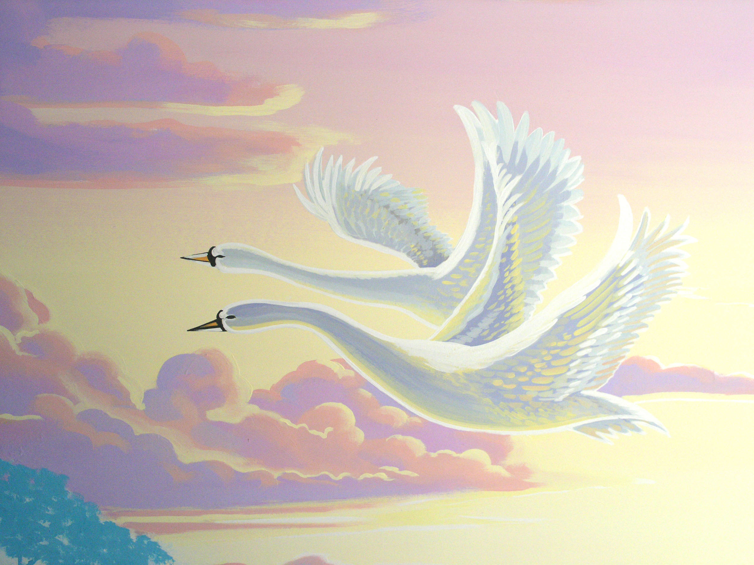 Swans in sunset children's mural