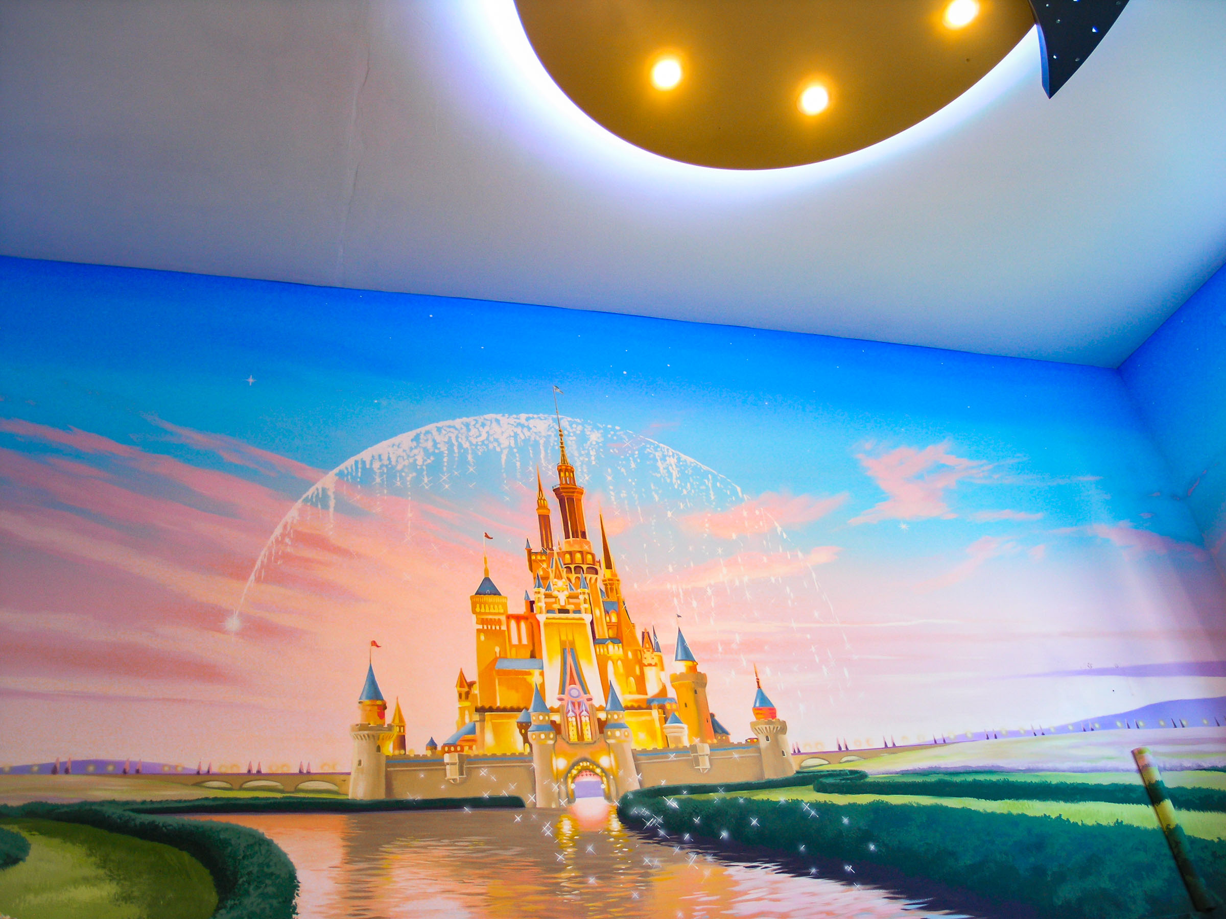 Disney Castle mural and ceiling light