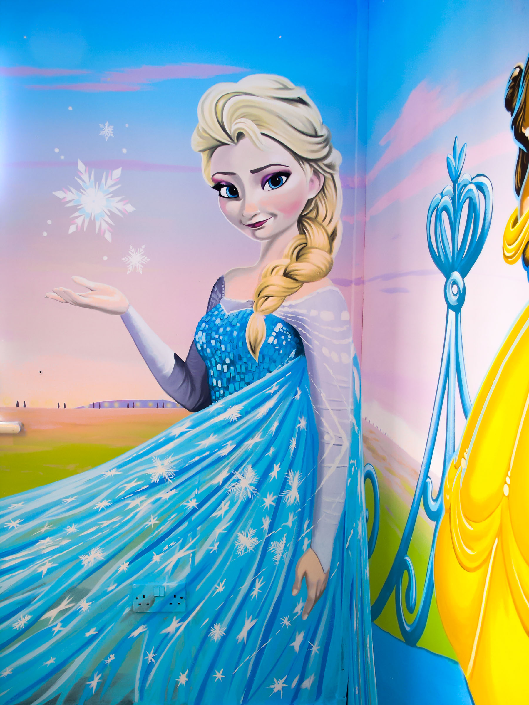 Elsa from Frozen rounds off this mural, with her detailed paintwork and translucent shawl