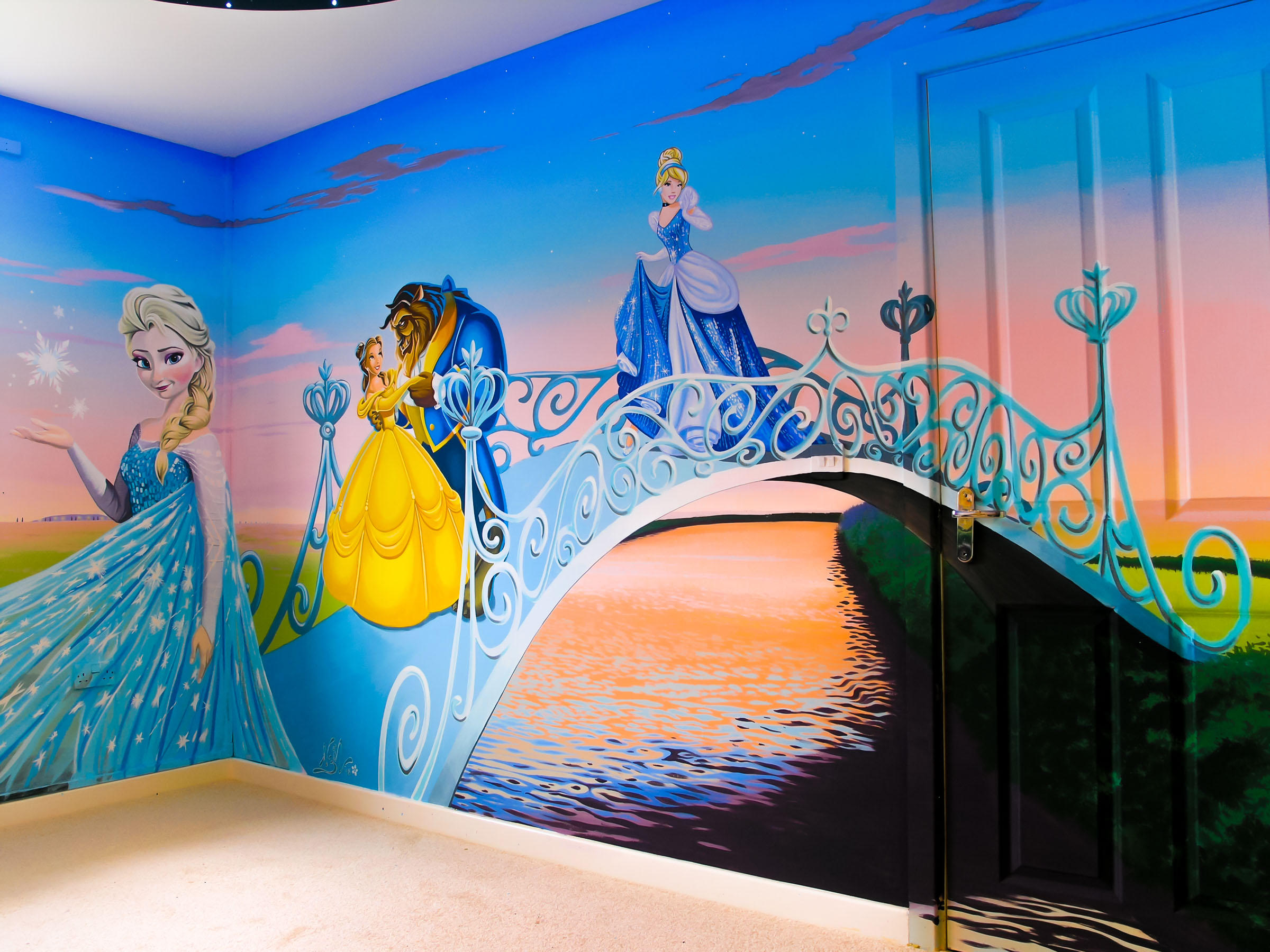 Disney Mural showing facing walls, with arching bridge and fully muralled door