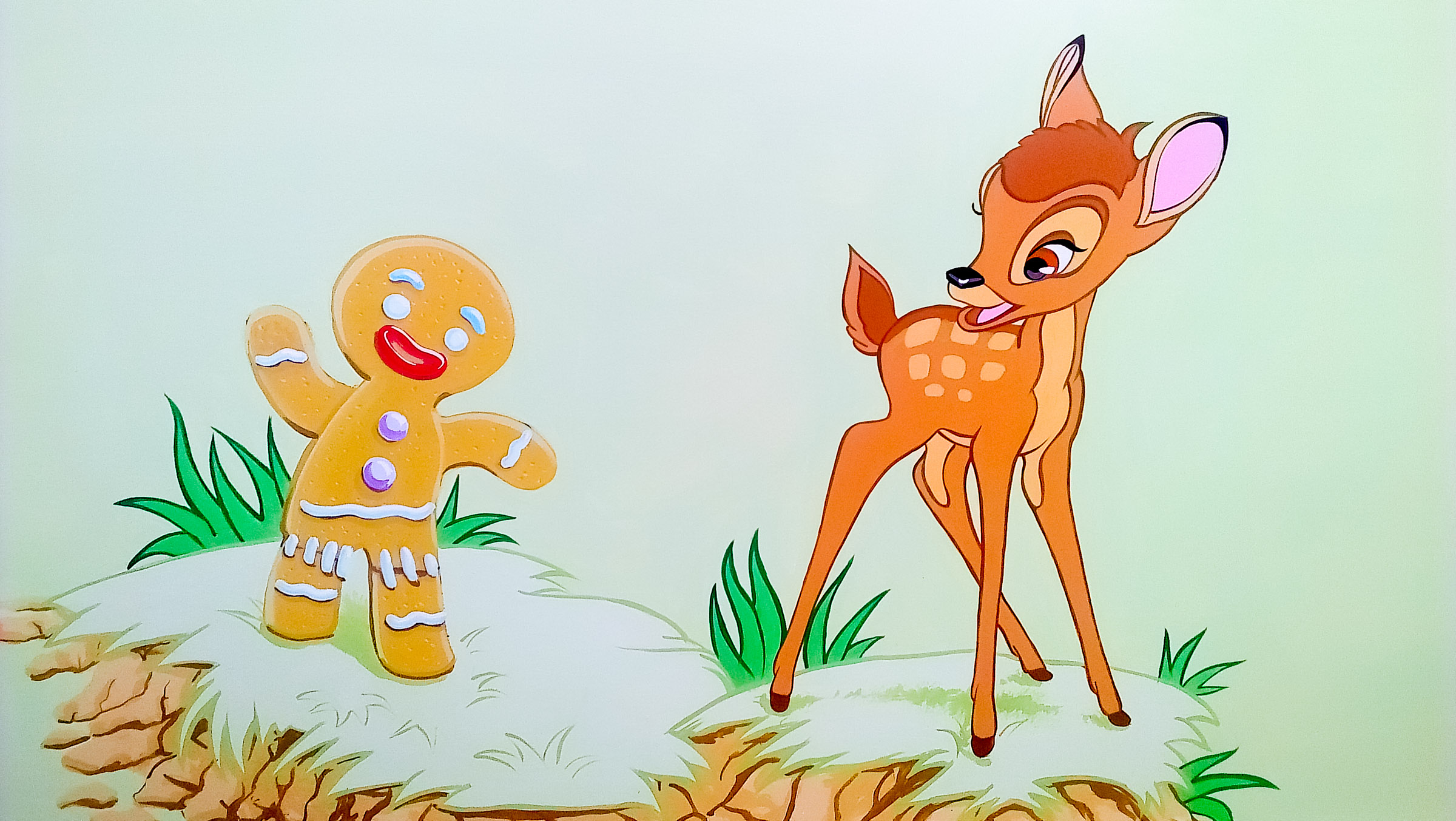 Gingerbread man from Shrek and Bambi in this part of the nursery mural