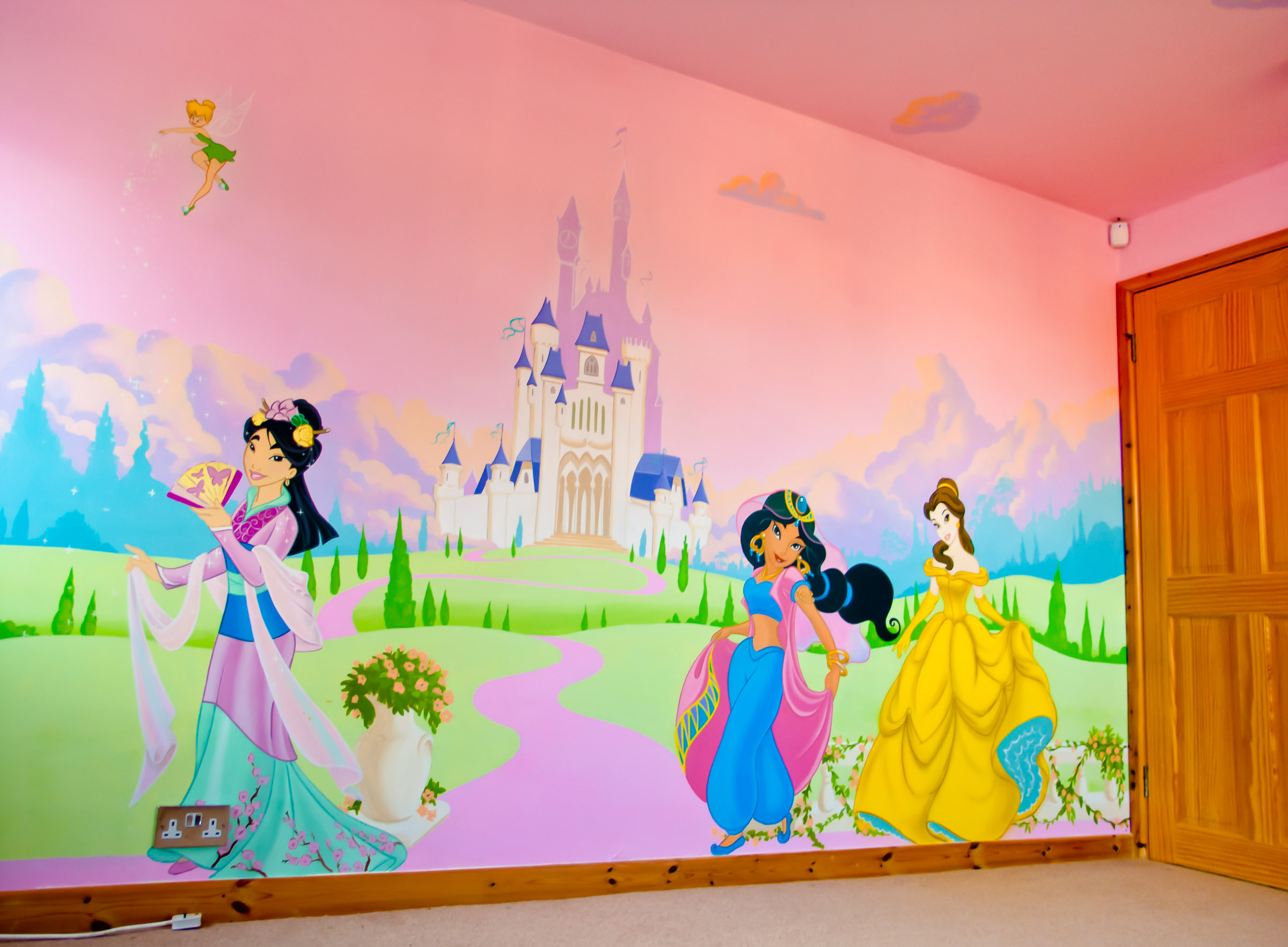 Disney Princess Mural painted by hand in little girl's bedroom