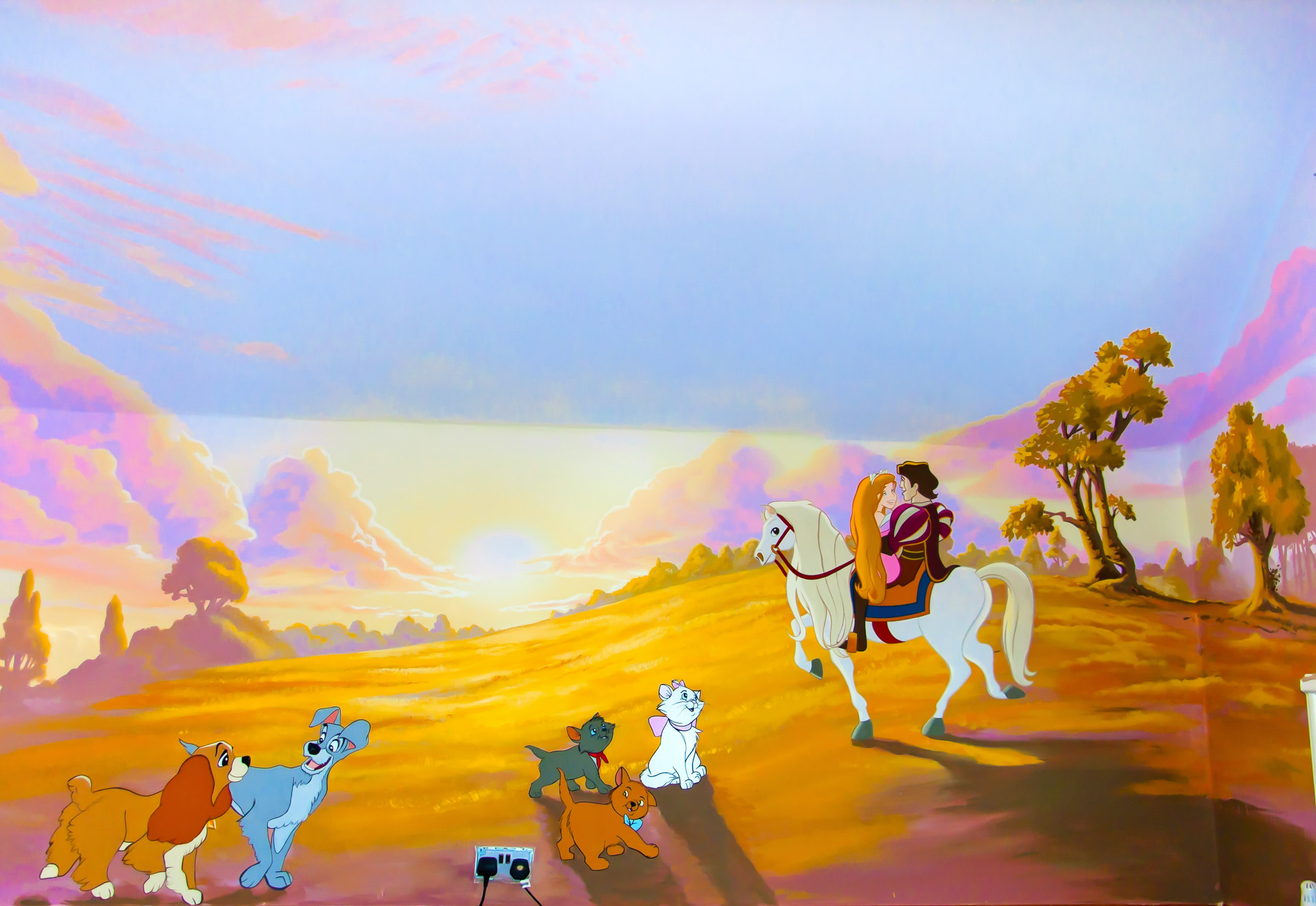 Disney Mural Enchanted Sunset wall with appearances from Lady and the Tramp, and the Aristocats' kittens
