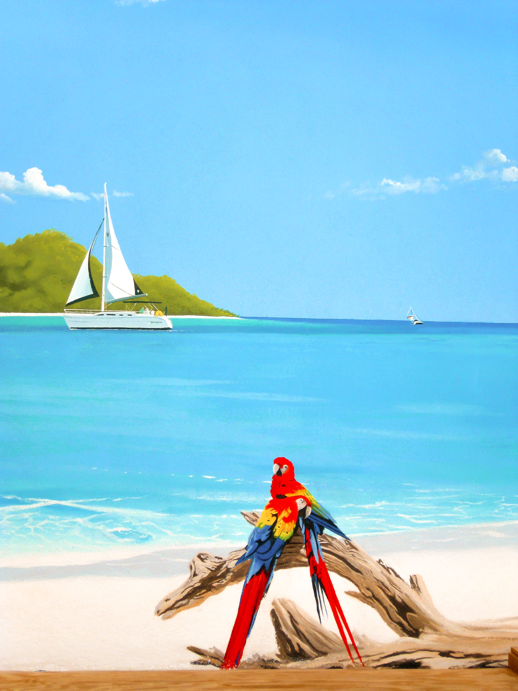 tropical-beach-mural-parrots-yacht-island