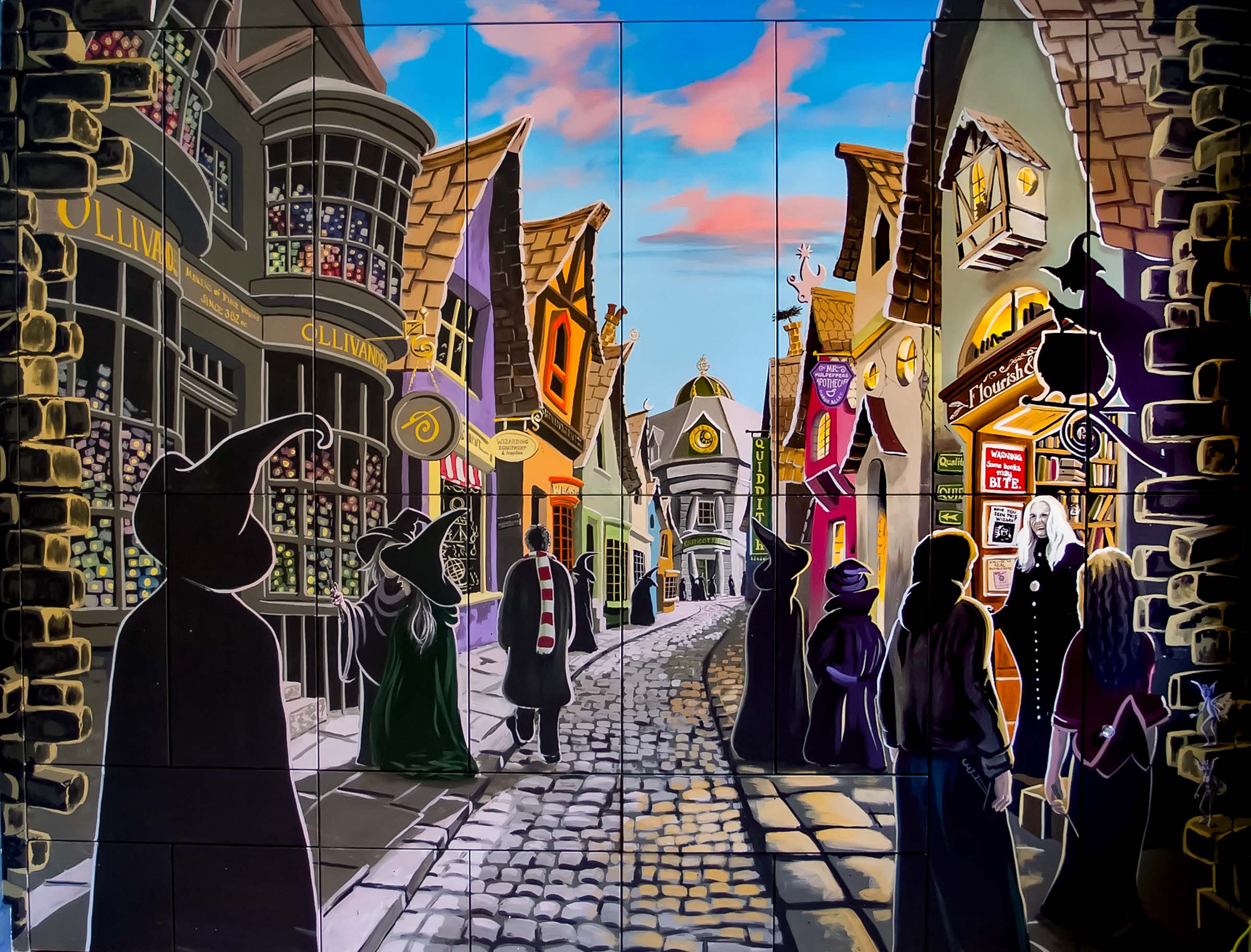 Diagon Alley mural detail with Ollivanders wand shop, Flouriish and Blotts bookshop, quiditch supplies, Mr Mulpepper's Apothecary and Gringotts Bank