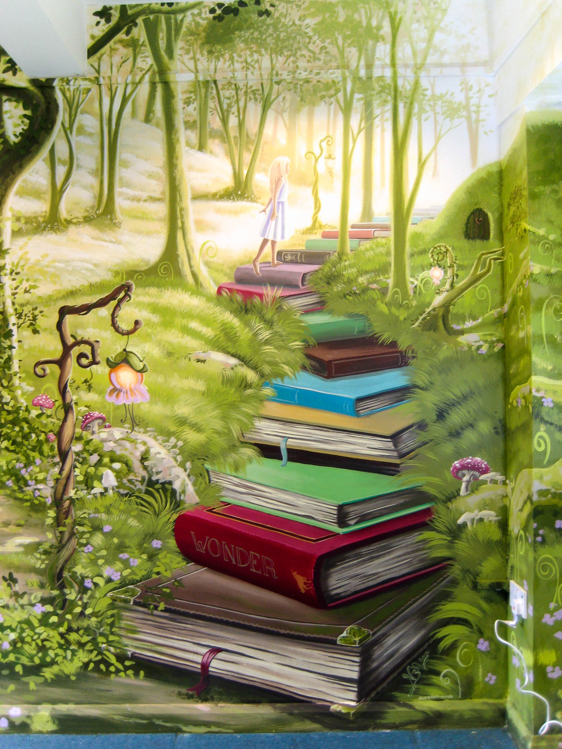 School library mural with inspired youngster on a book staircase stairs in a fantastical woodland scene