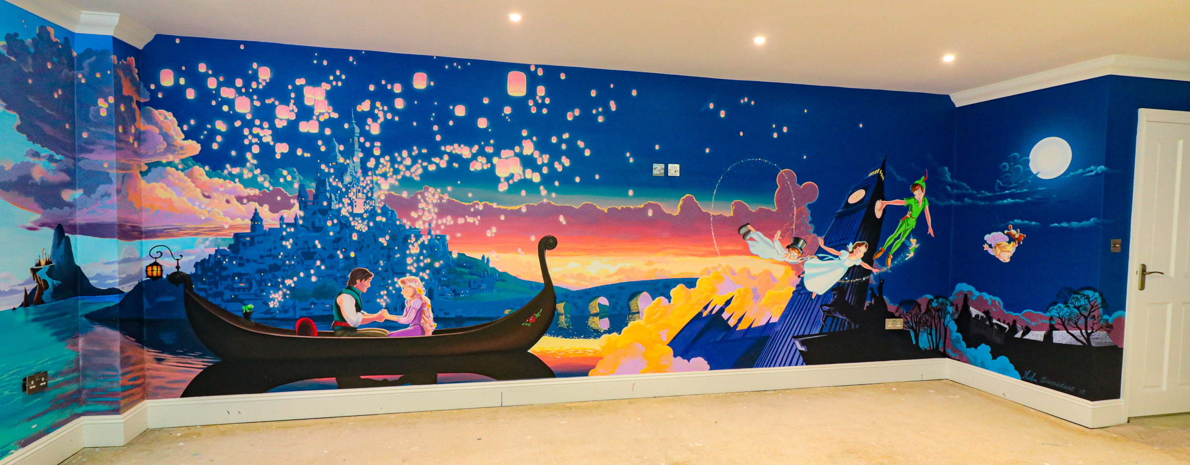 playroom mural, featuring Jungle book characters Mowgli Bagheera and Baloo, plus Lilo and Stitch, the Little Mermaid, Woody and Buzz Lightyear and more details in an expansive Moana backdrop