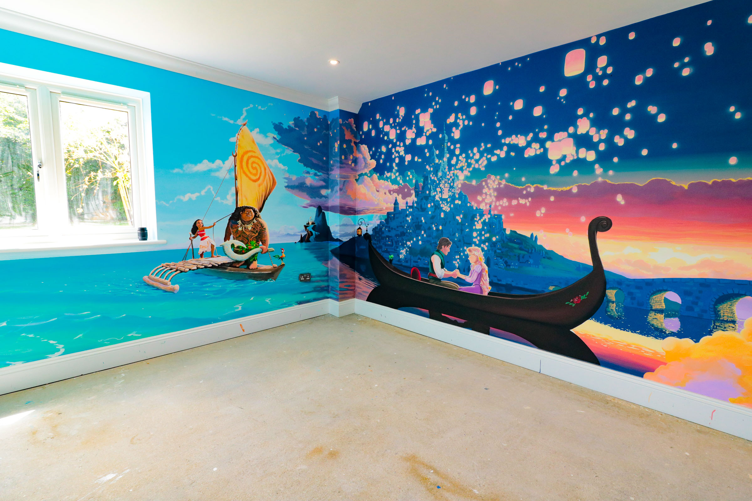 playroom mural, featuring Jungle book characters Mowgli Bagheera and Baloo, plus Lilo and Stitch, the Little Mermaid, Woody and Buzz Lightyear and more details in an expansive Moana backdrop