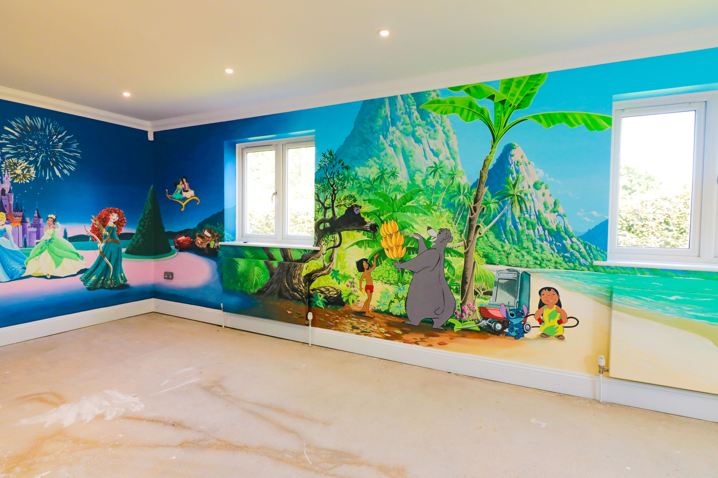 Playroom mural, Moana background scene with Ariel and the more Little Mermaid characters