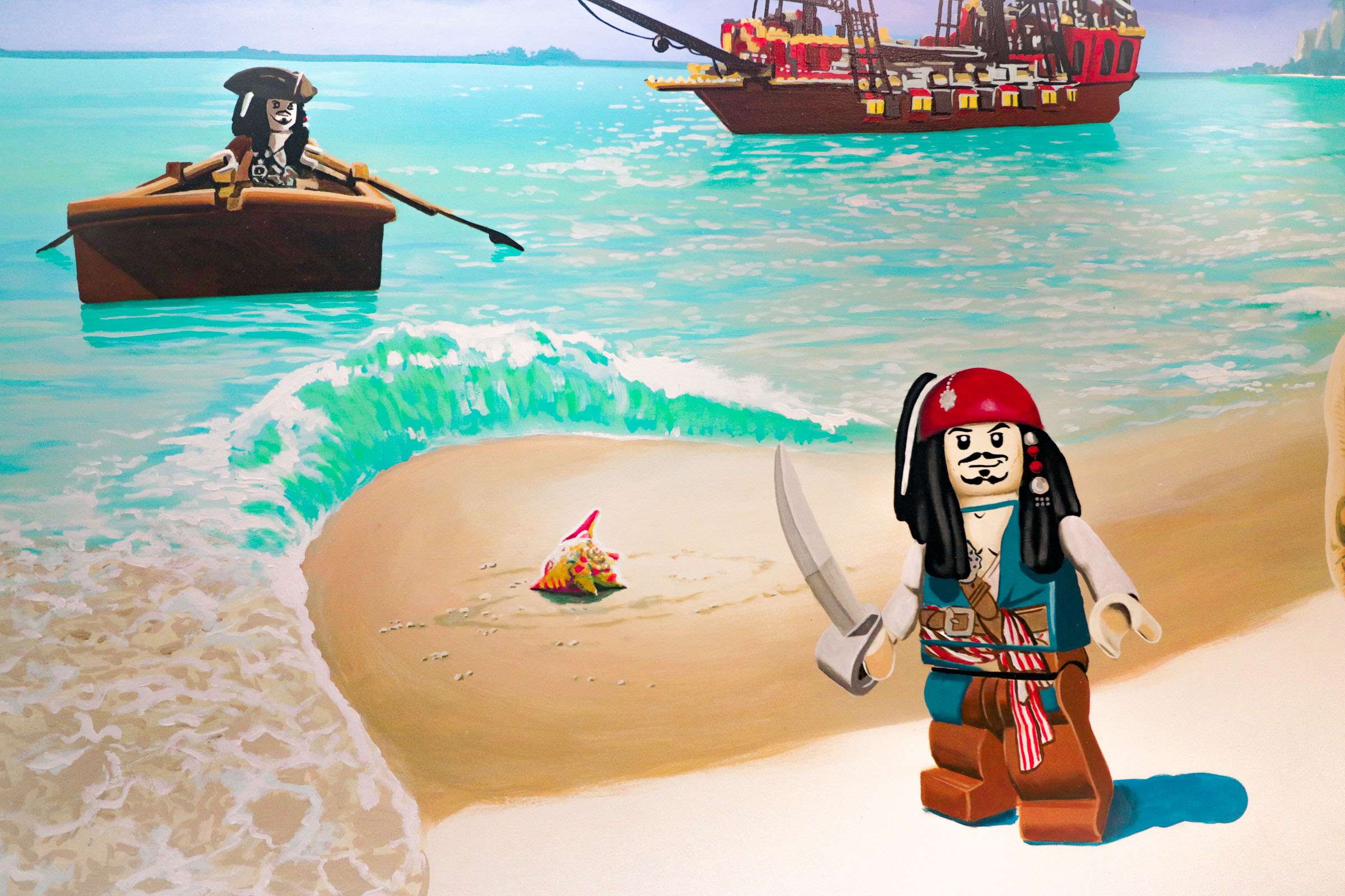 Lego Jack Sparrow from Lego Pirates of the Caribbean meets Moana in kid's mural