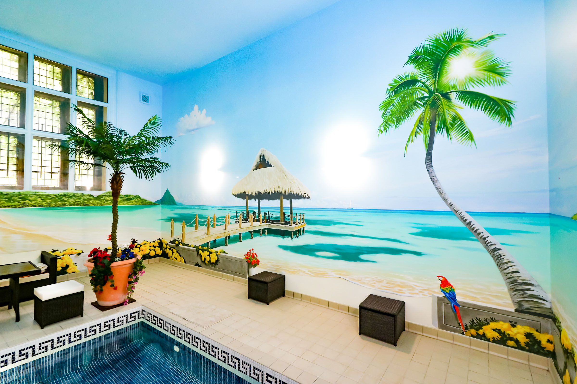 Caribbean Islands Mural around private indoor swimming pool in the UK