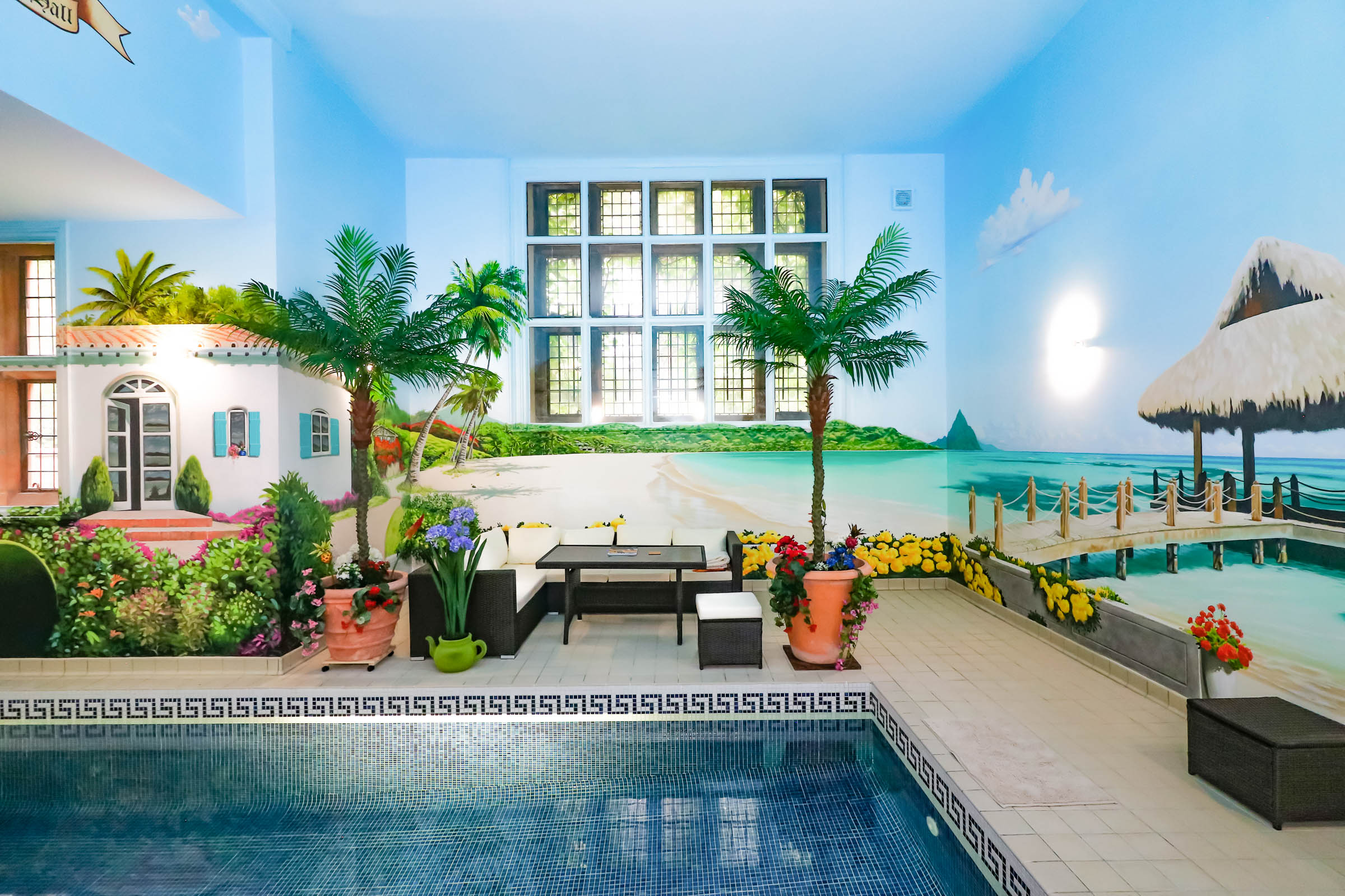 Caribbean Islands Mural around private indoor pool in the UK