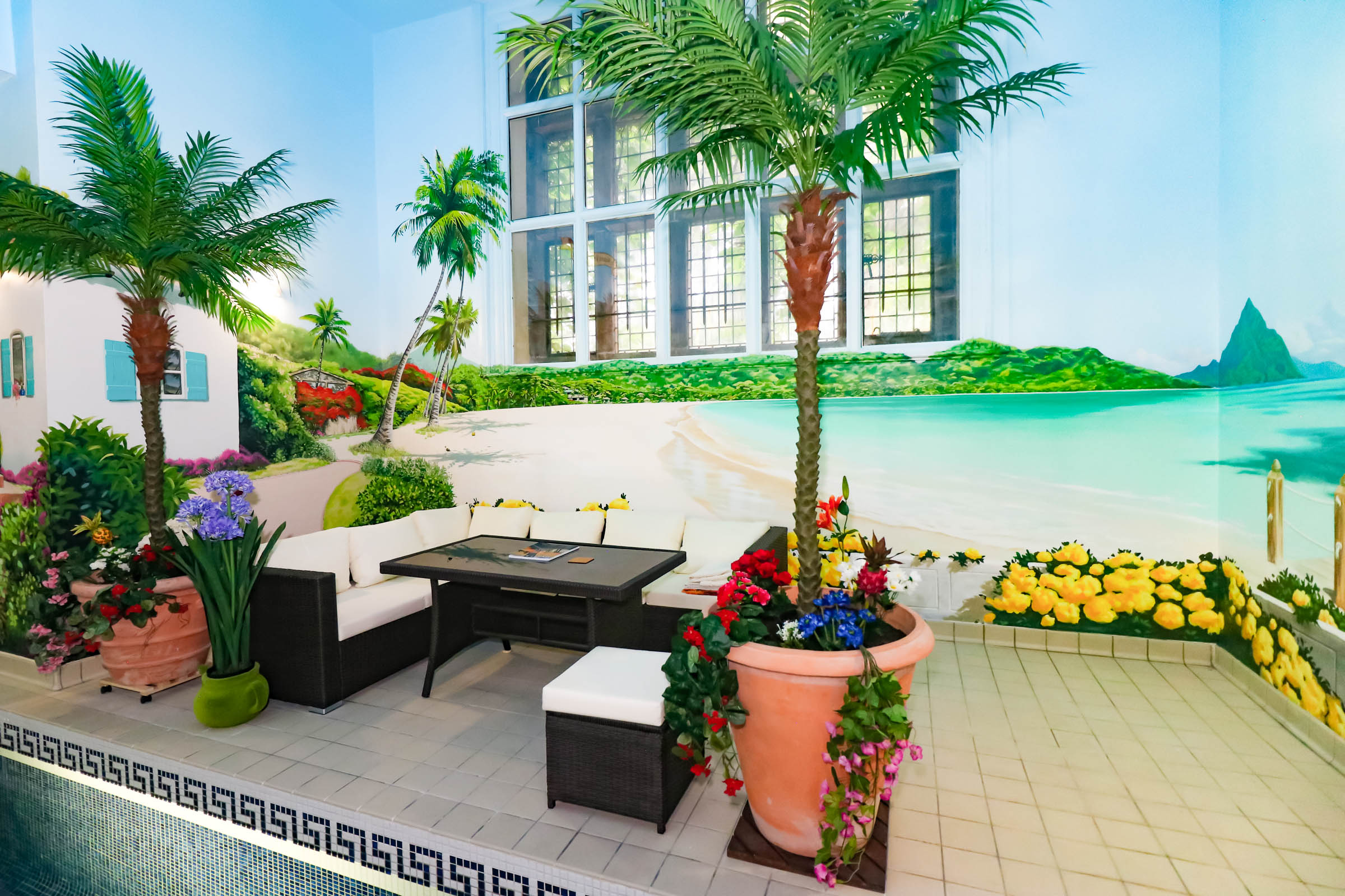 Caribbean Islands Mural around private indoor pool in the UK