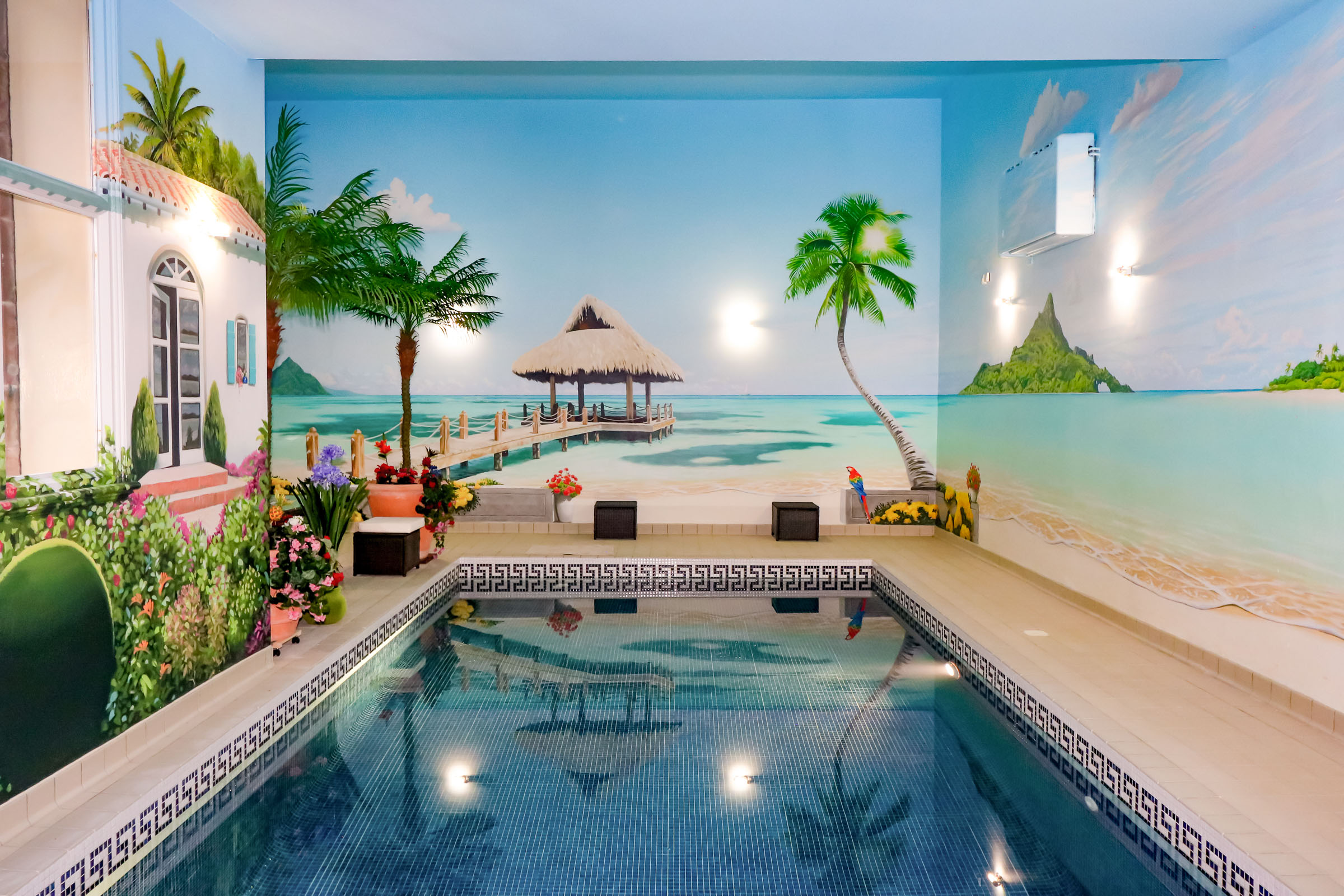Caribbean Islands Mural around private indoor pool in the UK