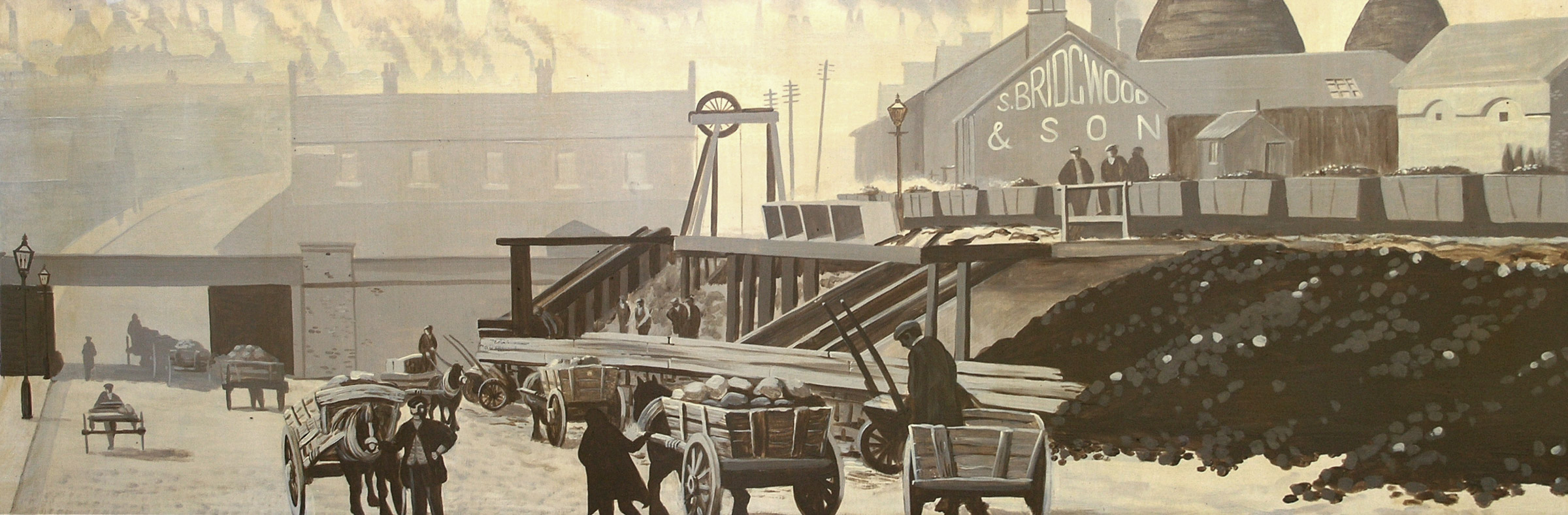 This panel of the mural shows a working street scene in Stoke-on-Trent around the year 1900