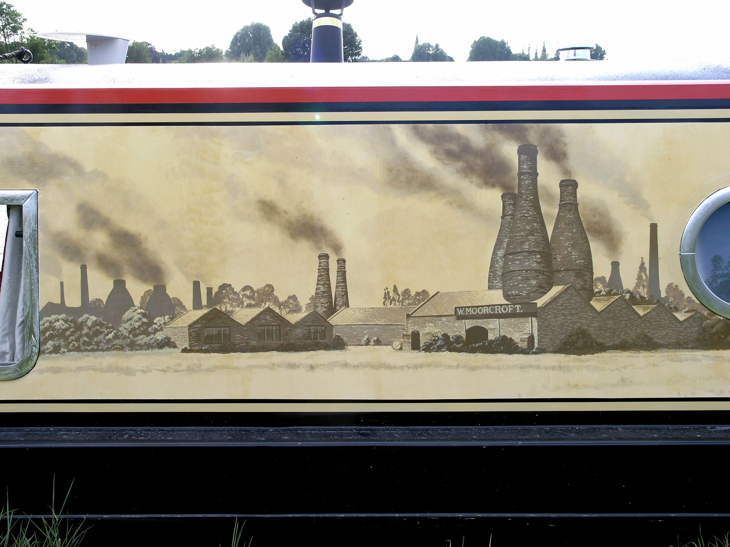 This part of the mural depicts the Moorcroft Pottery, which still stands as a museum, but only one bottle kiln remains today