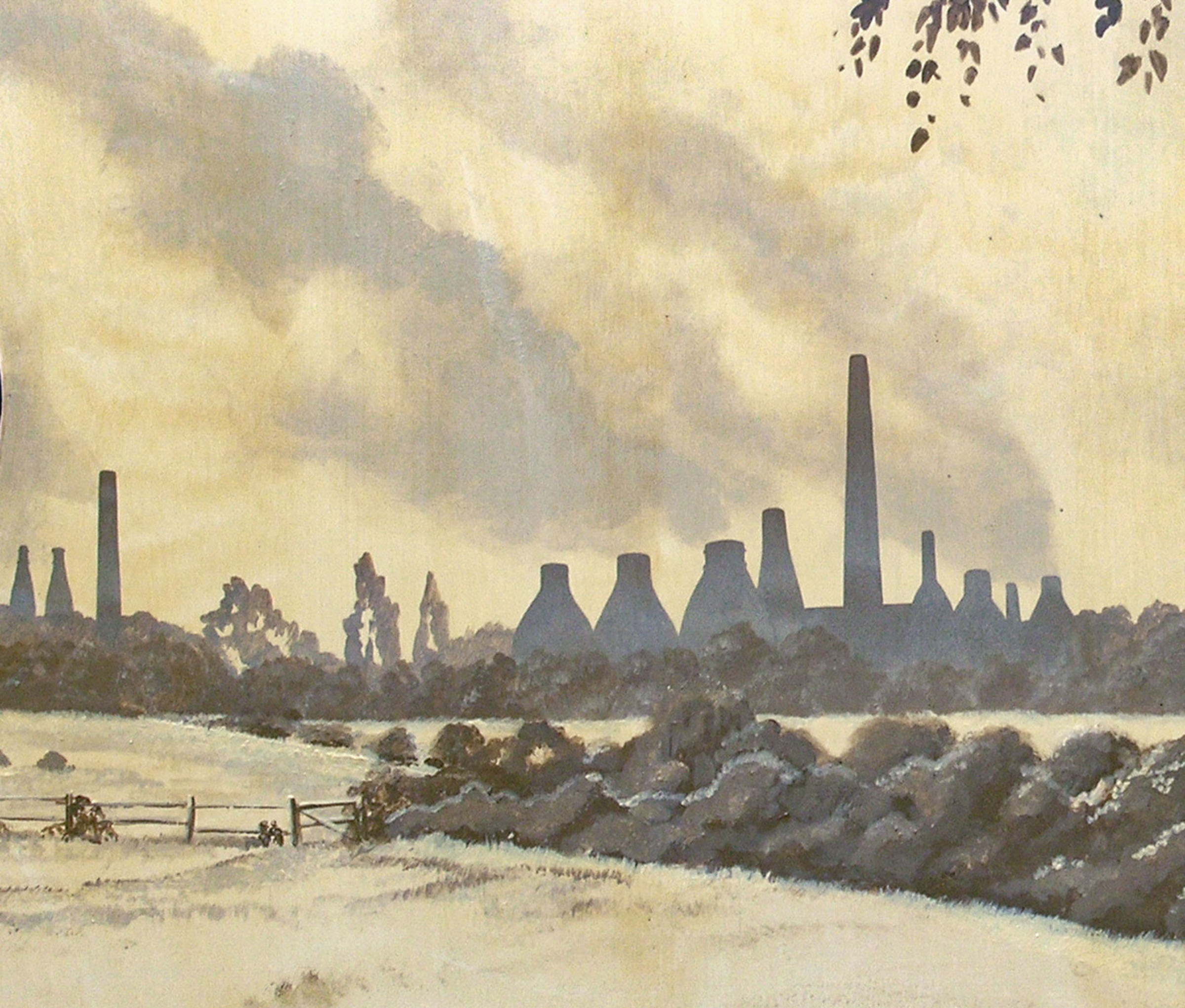 Detail of the fields with smokey potteries in the distance