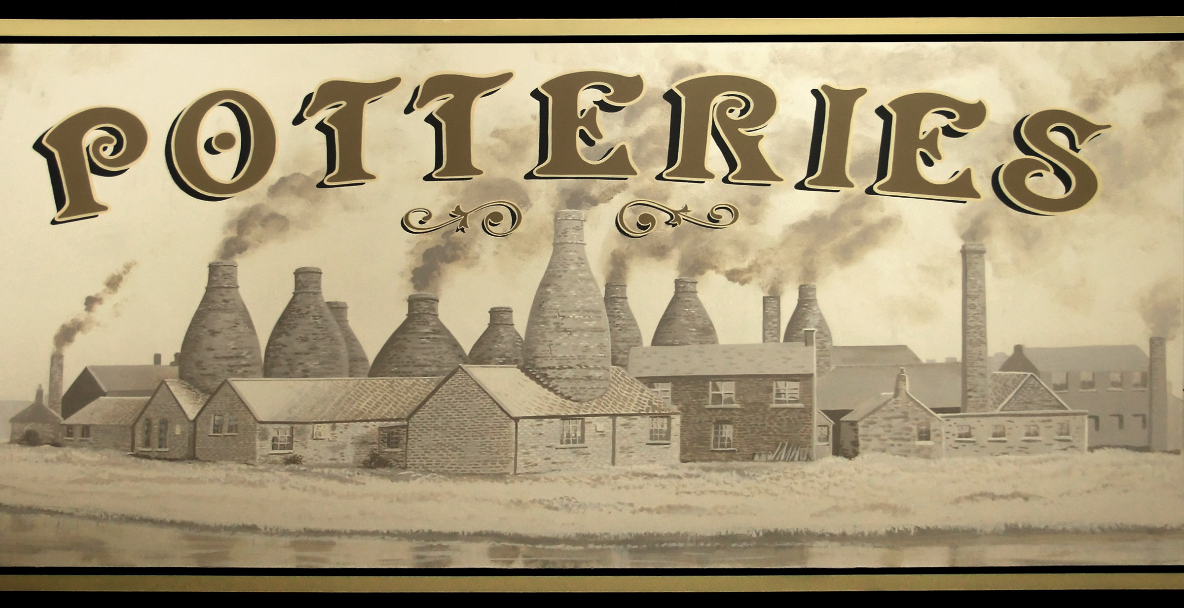"Potteries" sign written panel and artwork hand-painted on one side of the narrow boat