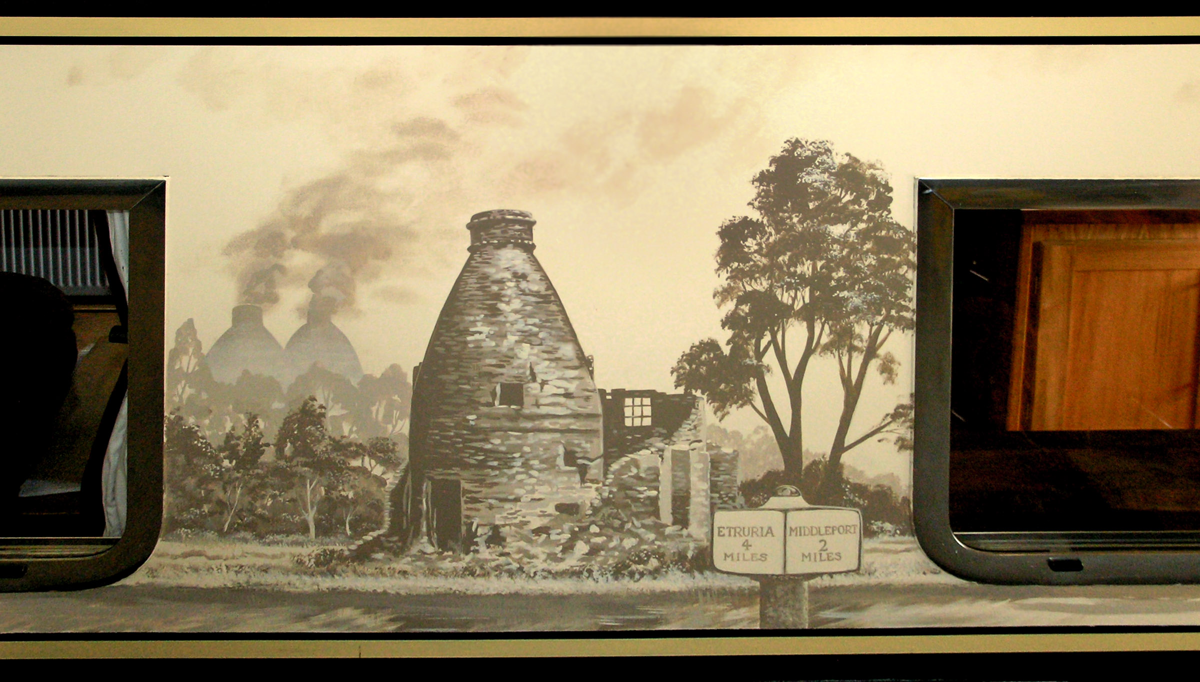 Narrow boat panel shows a pottery ruin on a canal, with Estruria (Wedgewood) and Middleport distances on a marker