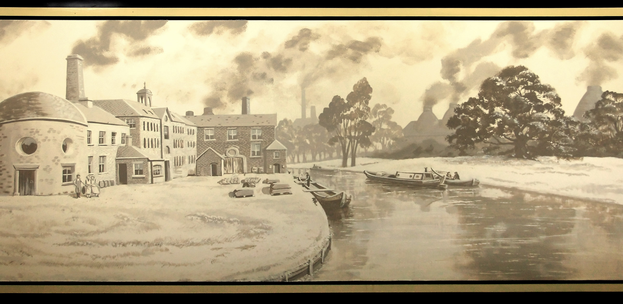 Artwork on narrow boat depicting the Wedgewood factory in its hayday