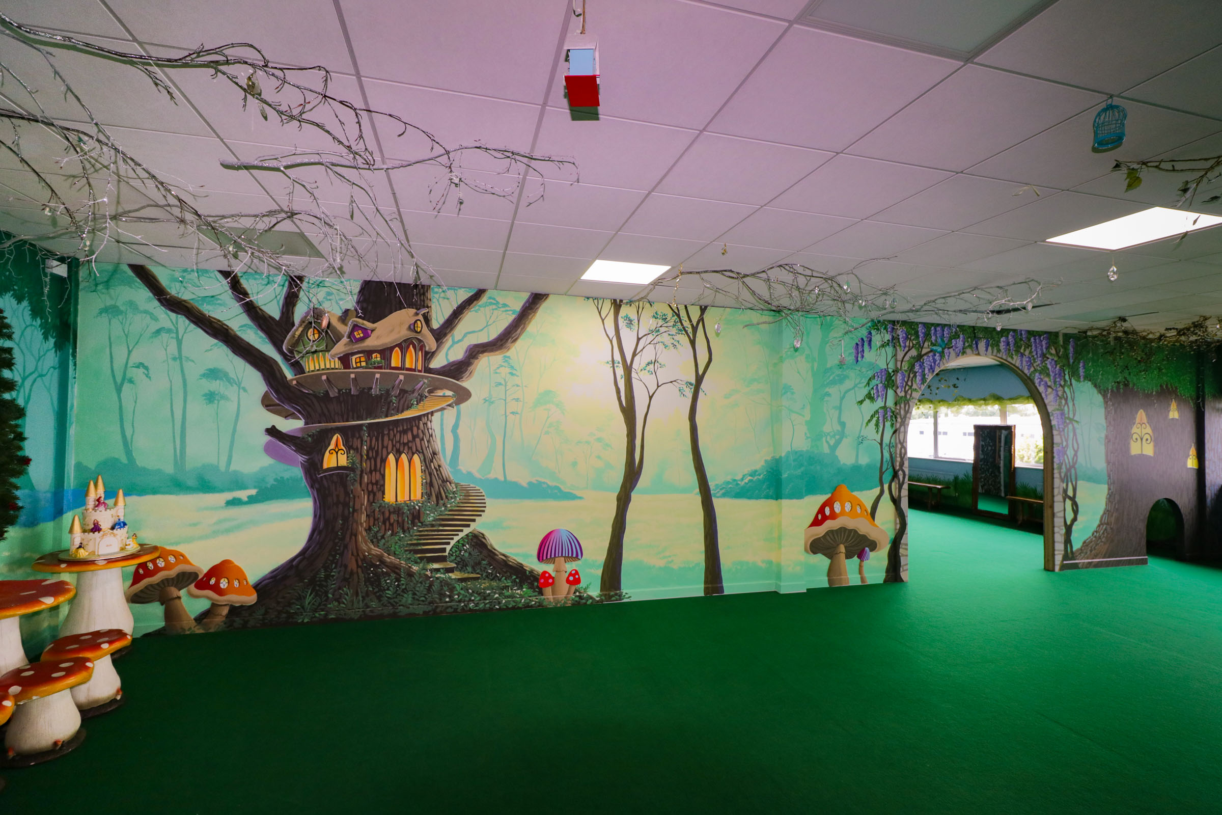 Magic Forest Party Room at the Riverside Hub, Northampton, Main wall showing the large size of the room and mural