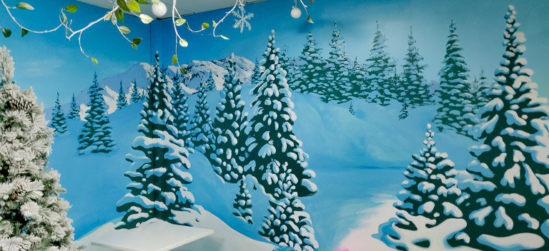 Snowy Winter Party Room at the Riverside Hub