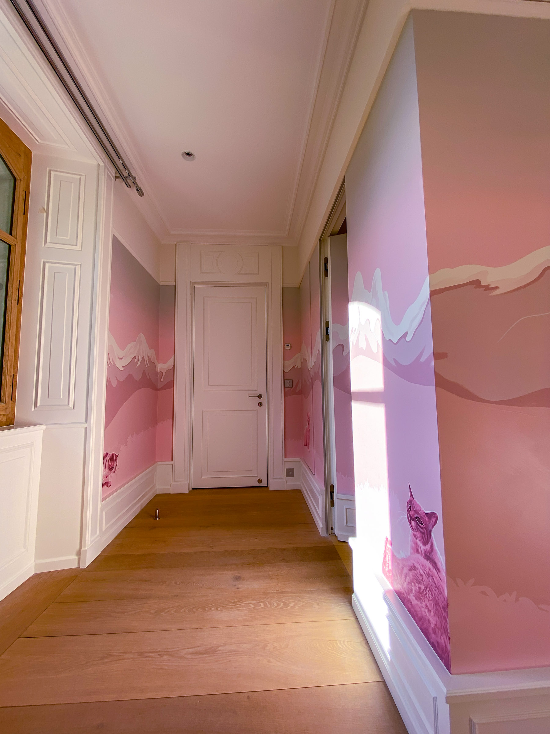 Pretty Pink Mural - The client's pets were added to the design, painted in similar colours