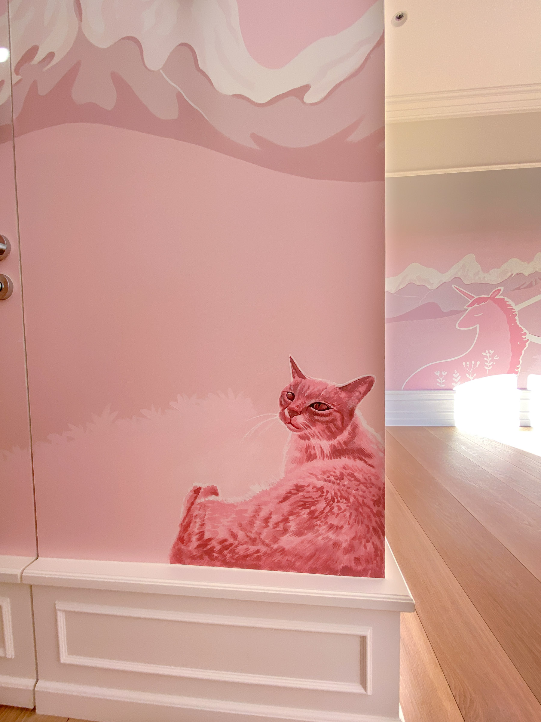 Pink Bedroom Mural. One of their cats was quite feisty!