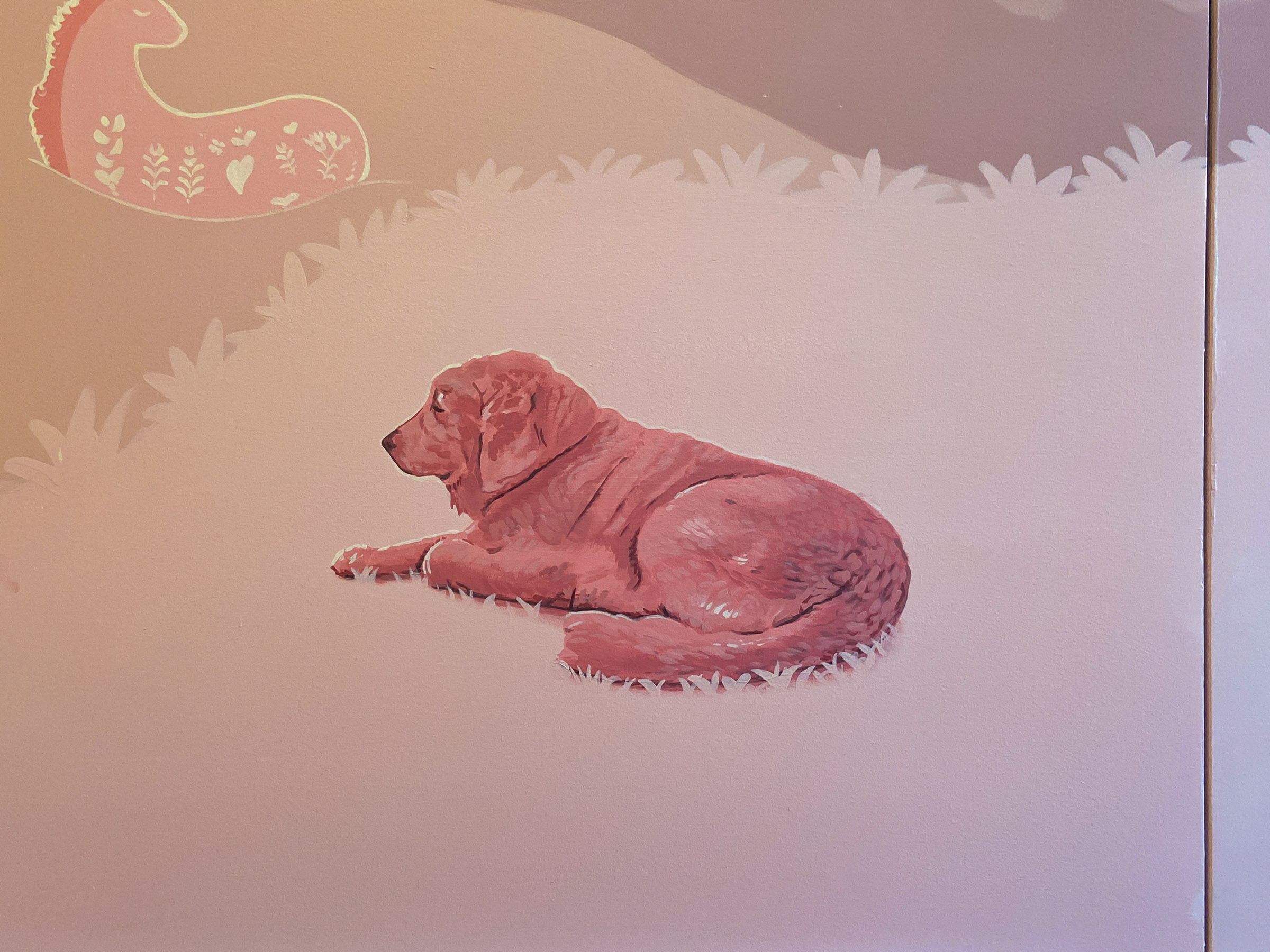 The client's pretty dog painted on the bedroom Mural