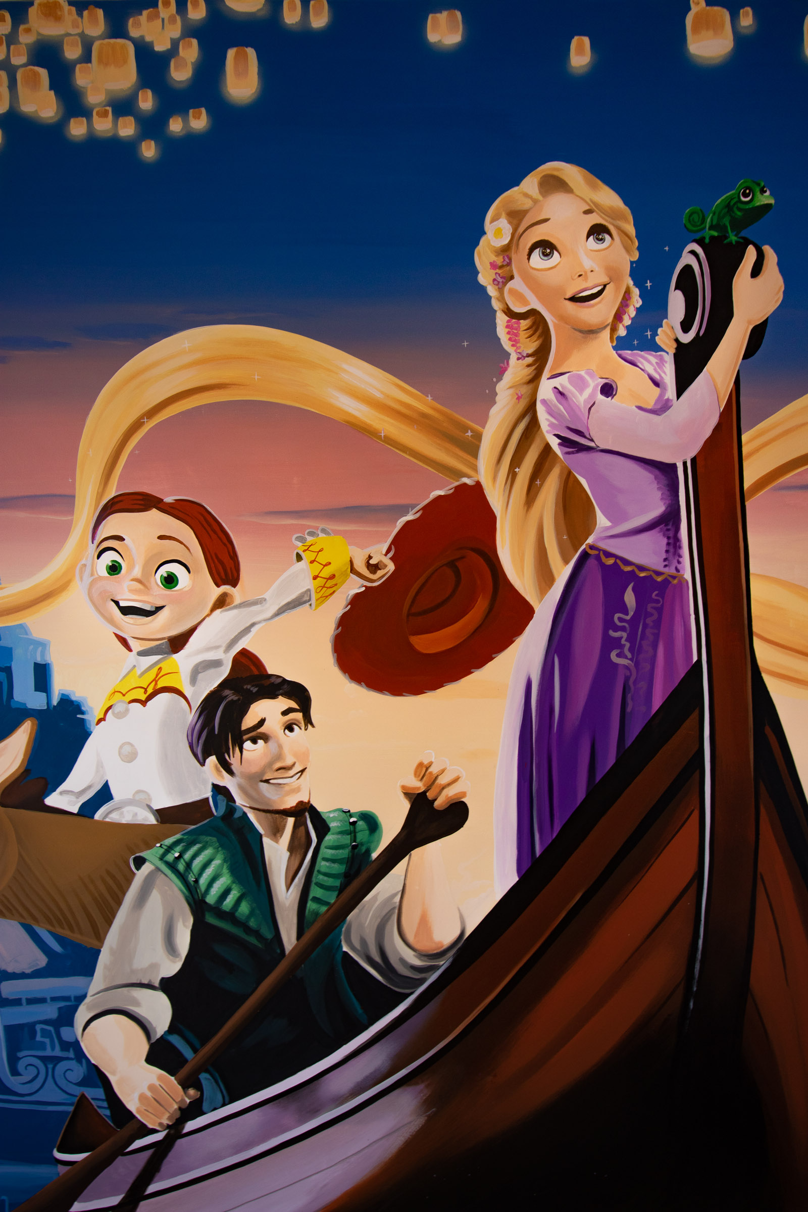 Disney characters Rapunzel, Flynn Rider and Jessie from Toy Story appear in this Tangled themed mural