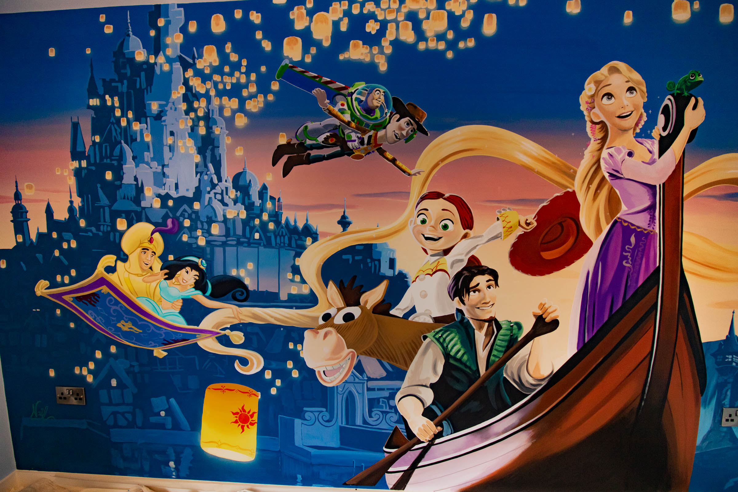 Tangled Mural featuring the clients' chosen Disney characters placed into the Chinese lantern scene