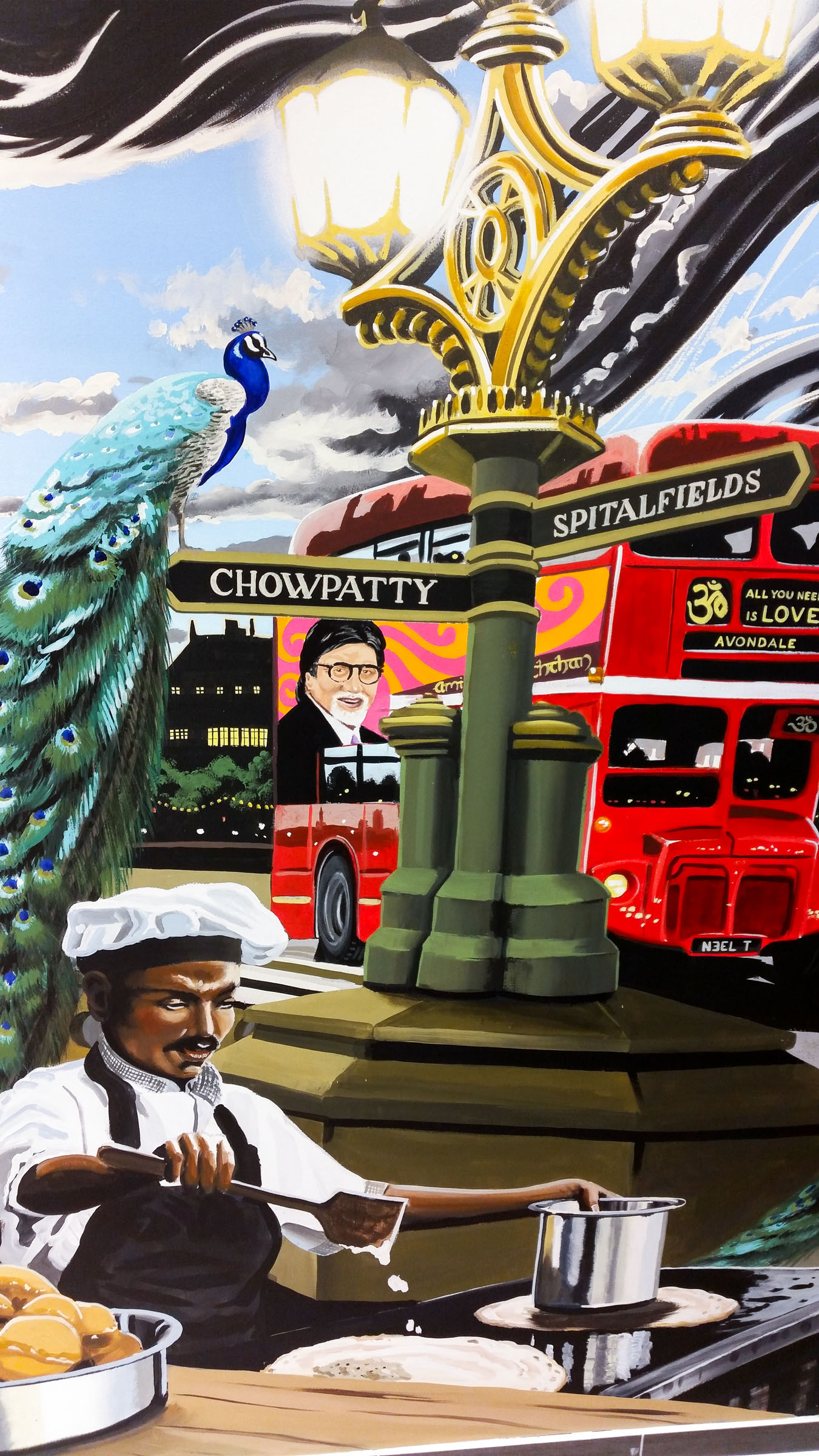 Peacock, bus, street vendor, glowing Westminster Bridge street light mural, and Amitabh Bachchan!