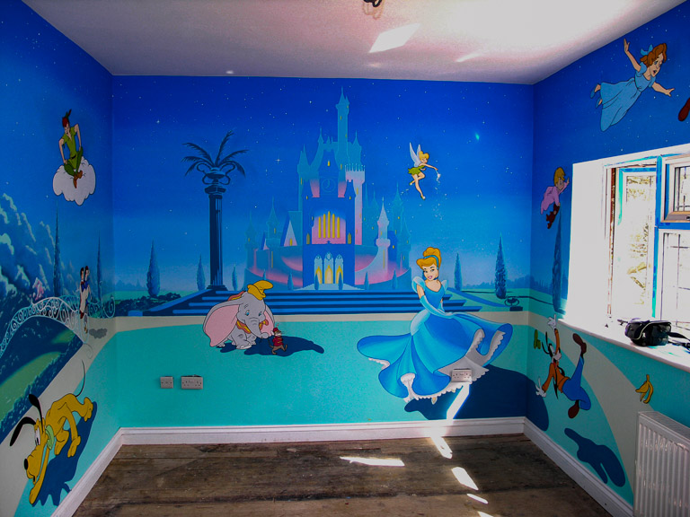 Disney mural featuring cinderella castle at twilight
