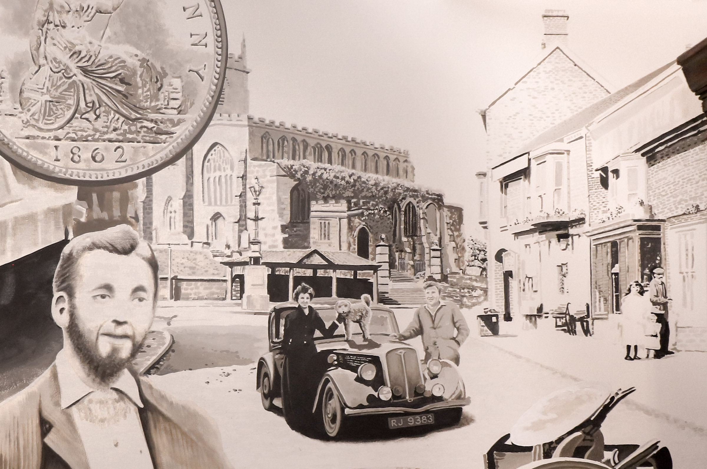 Williams of Audlem Mural - The people beside the 50s car are the current owner's mother and father. The church, the shops and the Victorian folk on the right were taken from a very old photograph of the town