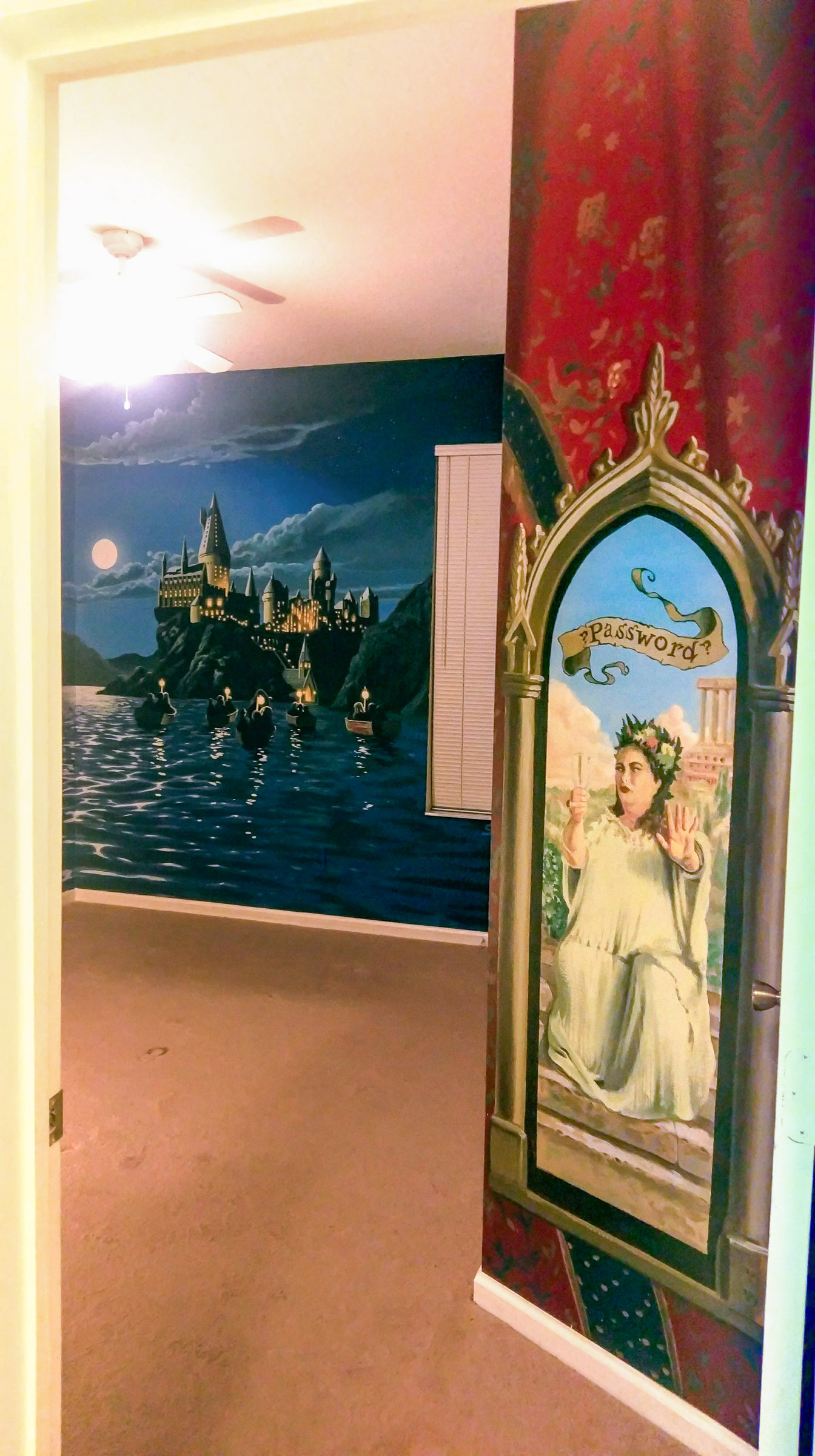 Harry Potter wall mural with Hogwarts and the Fat Lady Portrait