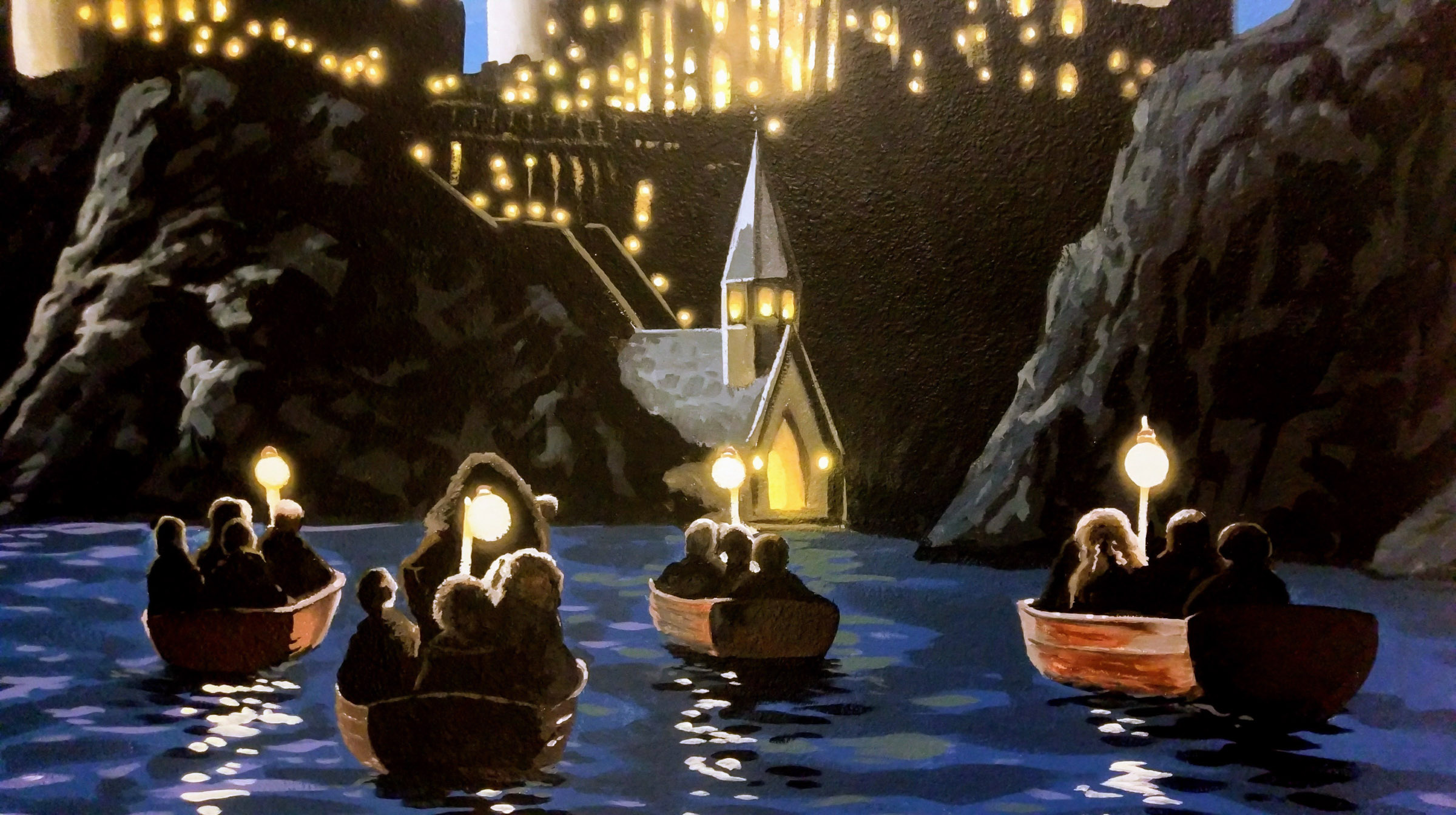 Harry Potter mural of Hogwarts and the first years with Hagrid boating across the lake