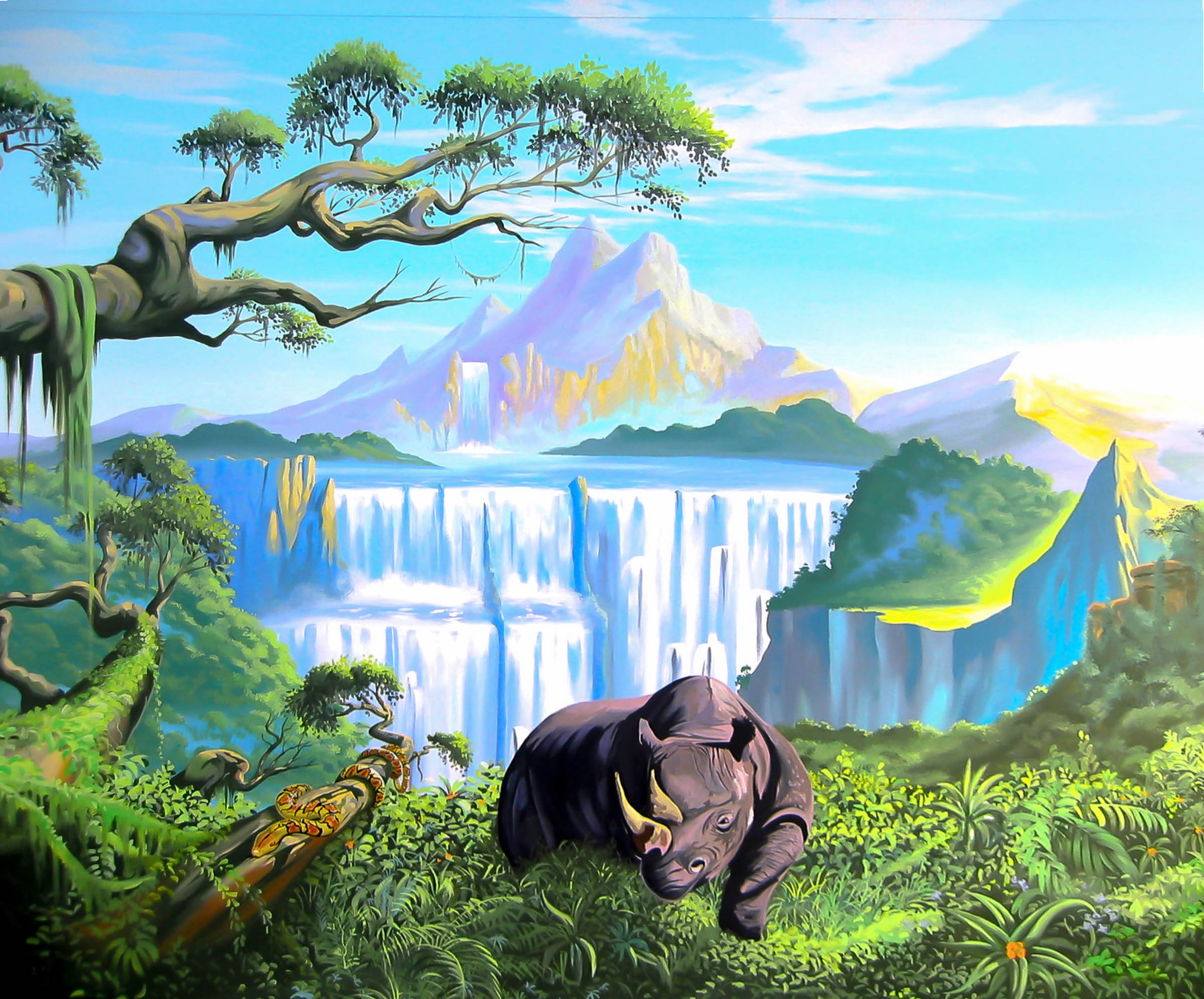 Jungle Wall Mural - This first image shows the main feature wall, with mountains and waterfall in the distance, snake and rhino in the foreground