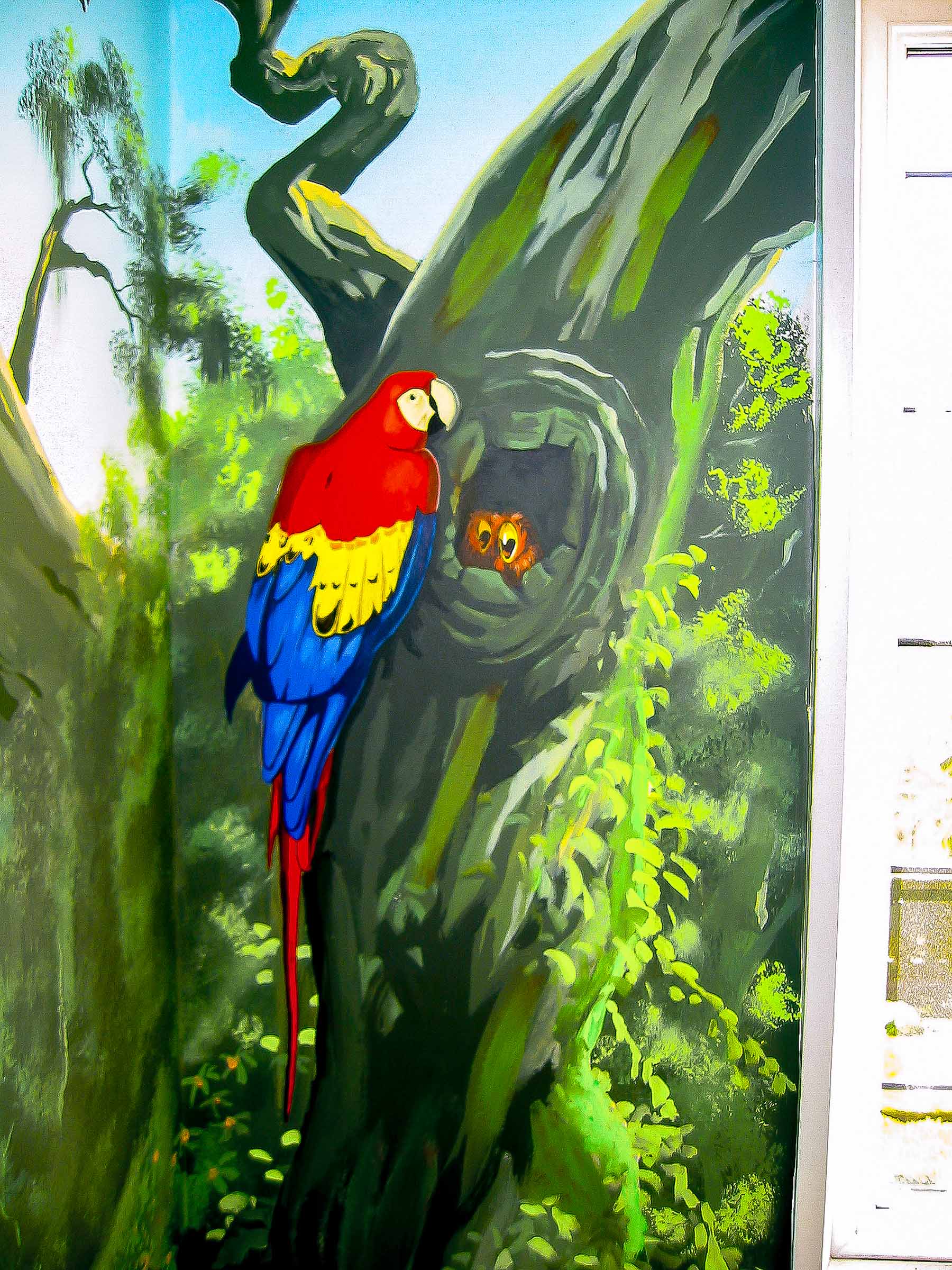 Painting of a parrot in a tree with its chicks, in part of the mural to the left of the window.