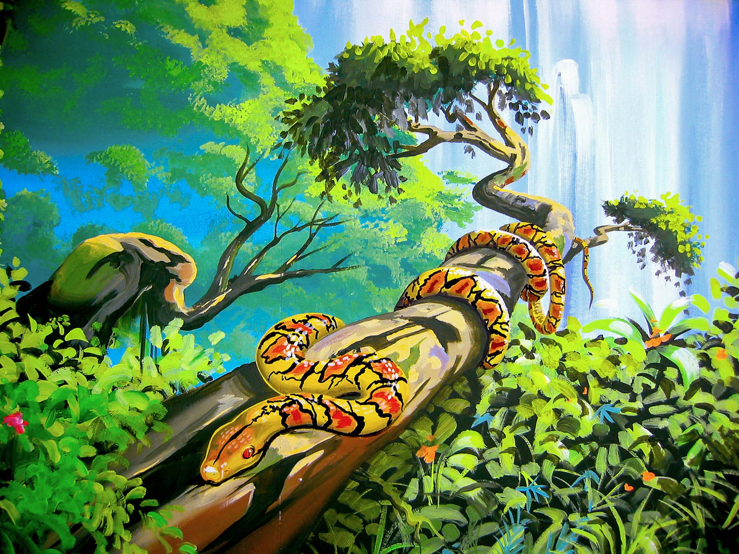 Jungle mural snake wrapped around branch detail